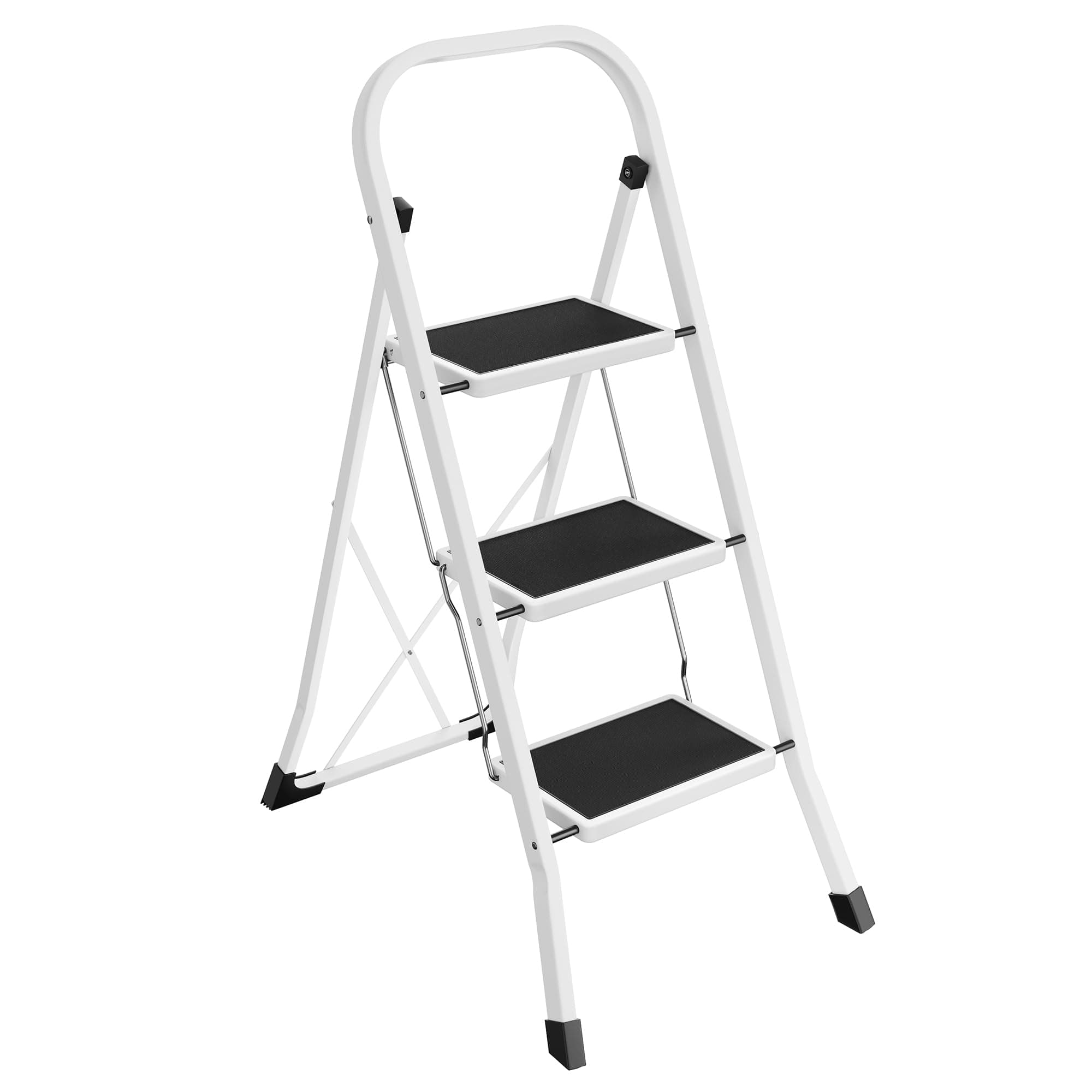 SONGMICS Escalera de Tijera, Escalera con 3 Peldaños, Peldaño Plegable, Bloqueo de Seguridad, Fácil de Guardar, Carga hasta 150 kg, Blanco Simple GSL03WT