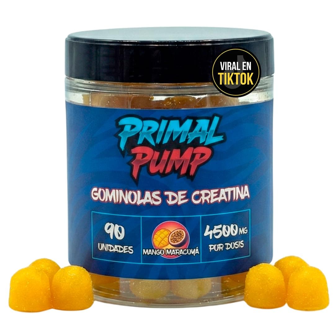 Primal Pump Gominolas de Creatina Monohidratada 4.5g - Creatina en Gominolas para Rendimiento y Potencia - Sin Azúcar, Vegano y Sin Gluten - Sabor Mango Maracuyá