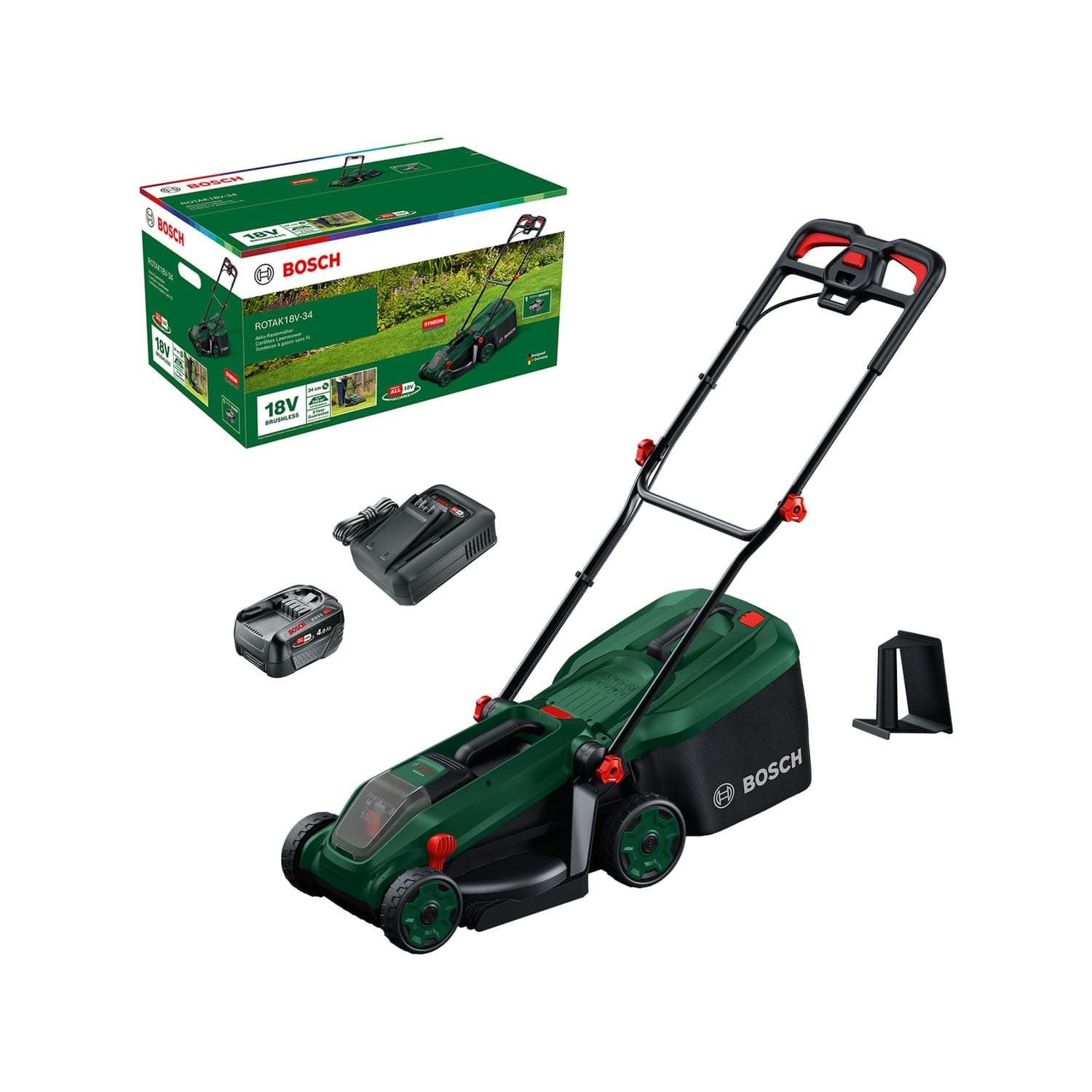 Bosch Rasaerba a batteria ROTAK18V-34 (larghezza di taglio: 34 cm, altezza di taglio: 25-65 mm, sacco raccoglierba in tessuto da 35 l, tappo per pacciame, inclusi batteria e caricabatteria)