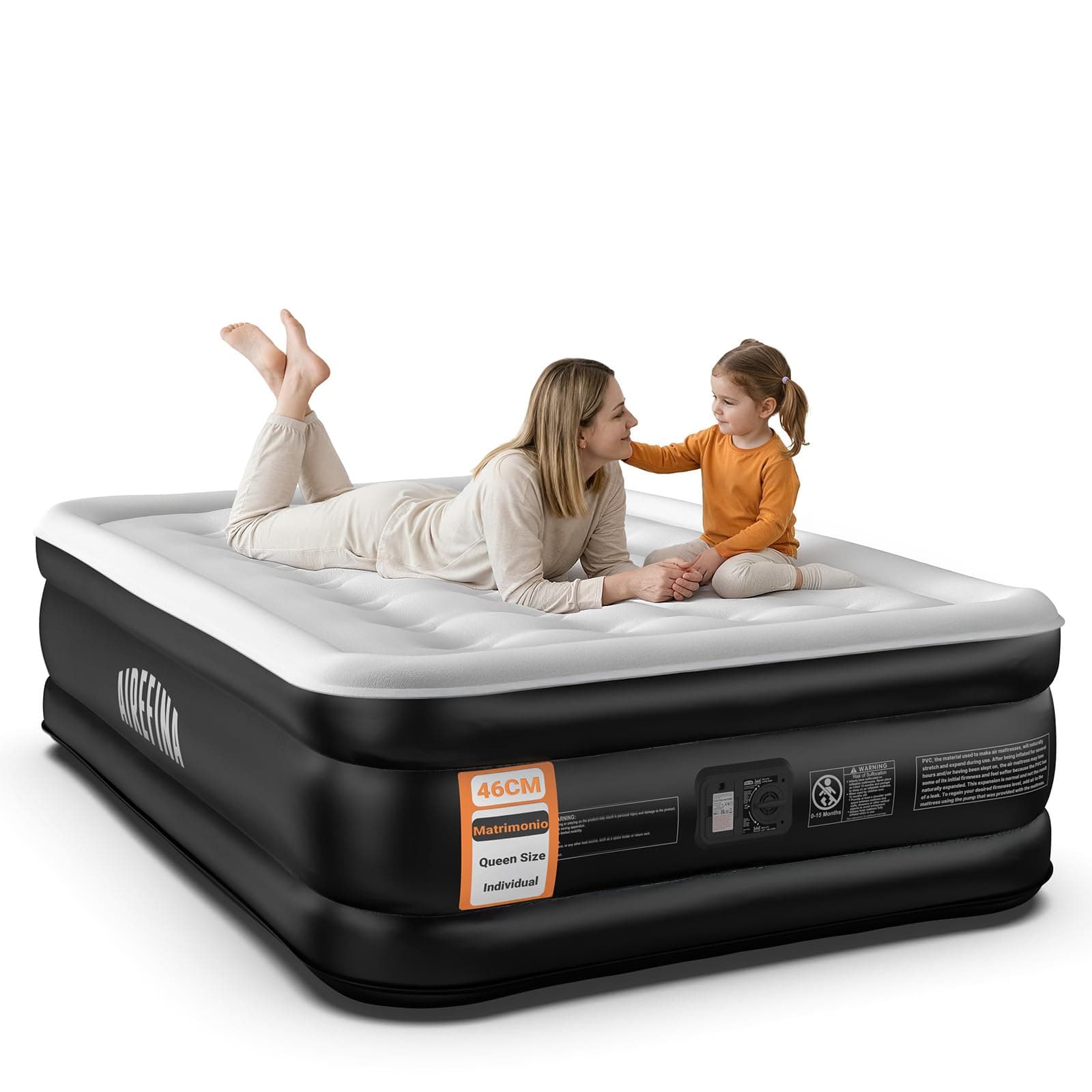 Airefina Colchón Hinchable, Colchon Inflable con Bomba Integrada, se Infla en 3 Minutos, Superficie Acolchada Cama Hinchable, Invitados o Uso en Casa-137x190 x46 cm, Cama Matrimonial