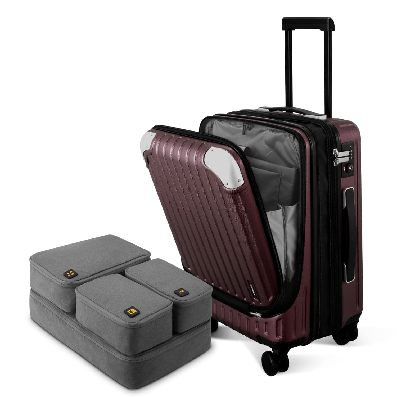LEVEL8 Maleta Cabina Ampliable Set de Lavado de 4 Piezas ABS+PC Equipaje de Mano Trolley Rígido Ligero Maletas de Viaje y Candado TSA, 55x37x25CM, 42L, Rosa