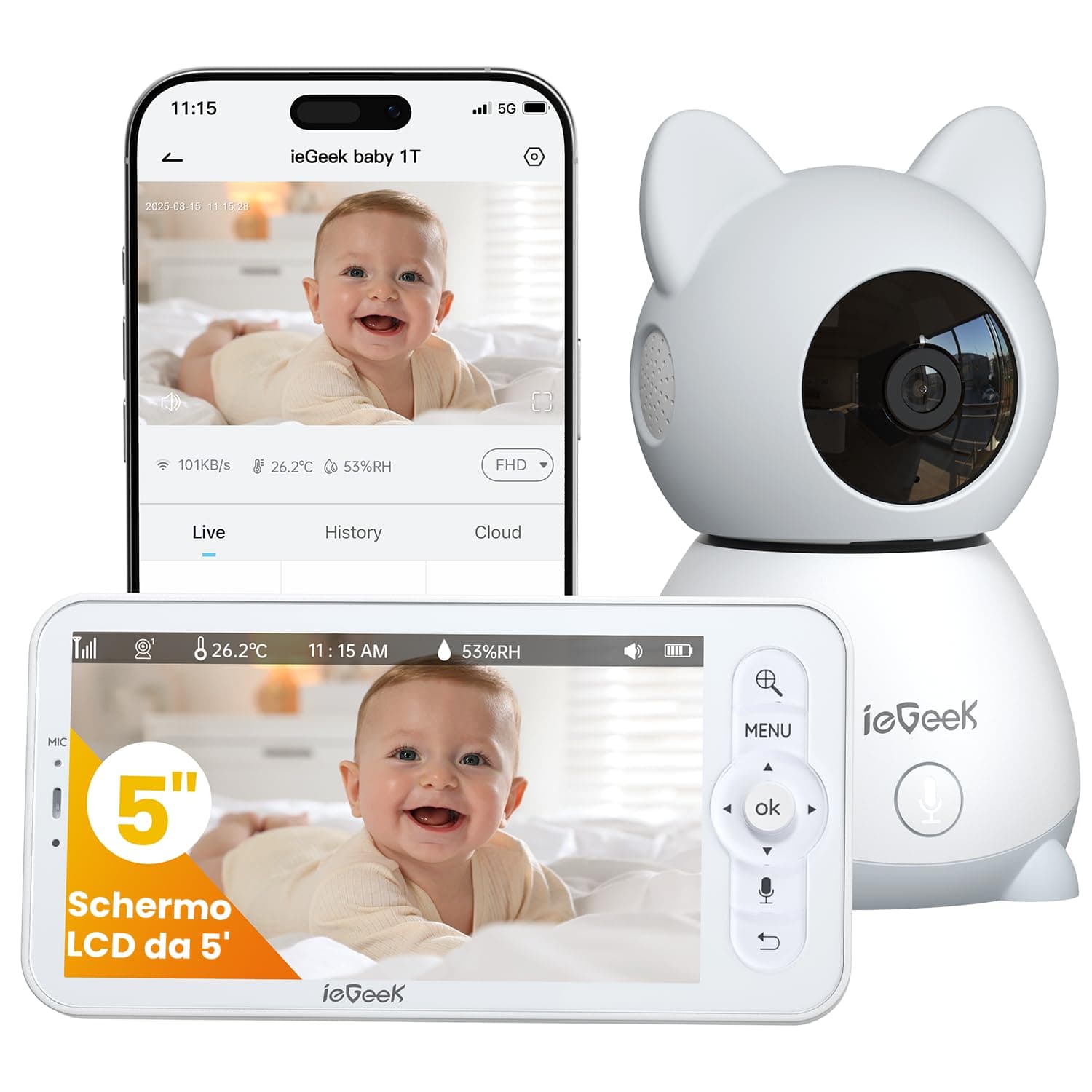 ieGeek Cámara Vigilancia Bebes 5" 2K/3MP, Baby Monitor con Vista 360° PTZ, Detección Movimiento y Llanto, Audio Bidireccional, Visión Nocturna, Temperatura, Regalo Recién Nacidos​