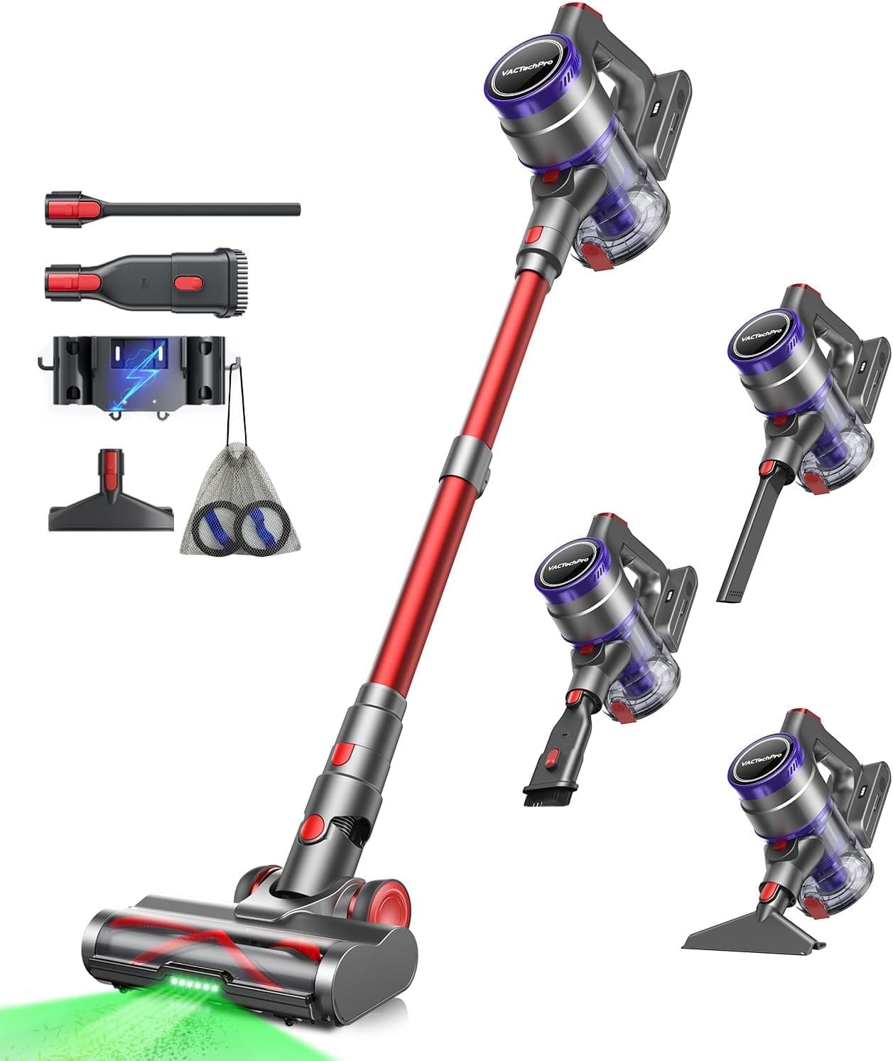 VACTechPro 55KPa/600W/70Min Aspirateur Balai sans Fil, 1.6L Aspirateur sans Fil avec Filtration à 8 Couches, Très Silencieux Aspirateur avec Brosse à Sol Anti-Tangle, Aspirateur Balai, Rouge Foncé