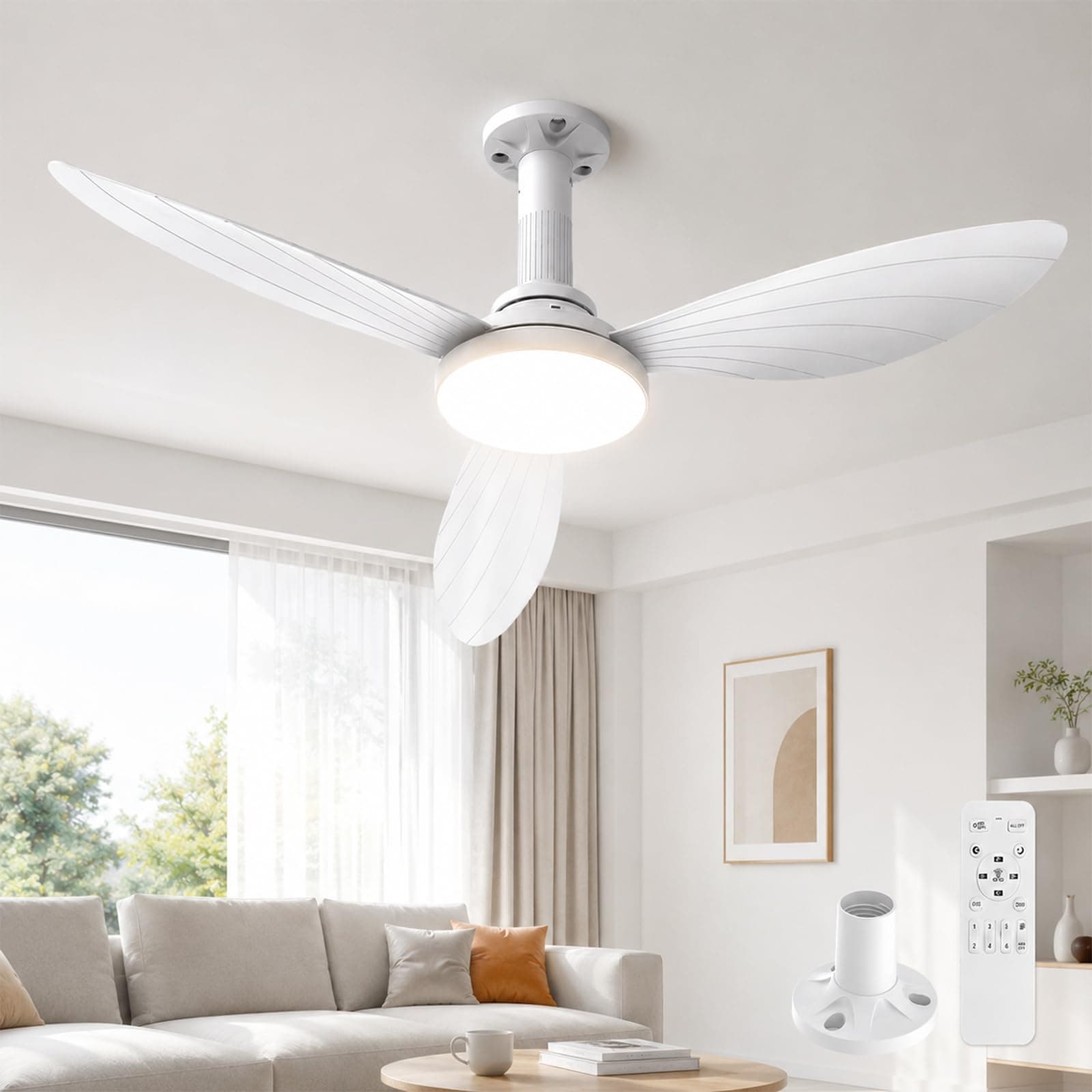 Hisummer 106cm Ventilador de Techo con Luz, Conexión E27 Solo con Soporte Incluido, Montaje Rápido Ventilador Techo Silencioso con Mando, Motor DC Reversible para Dormitorios Salón y Cocina