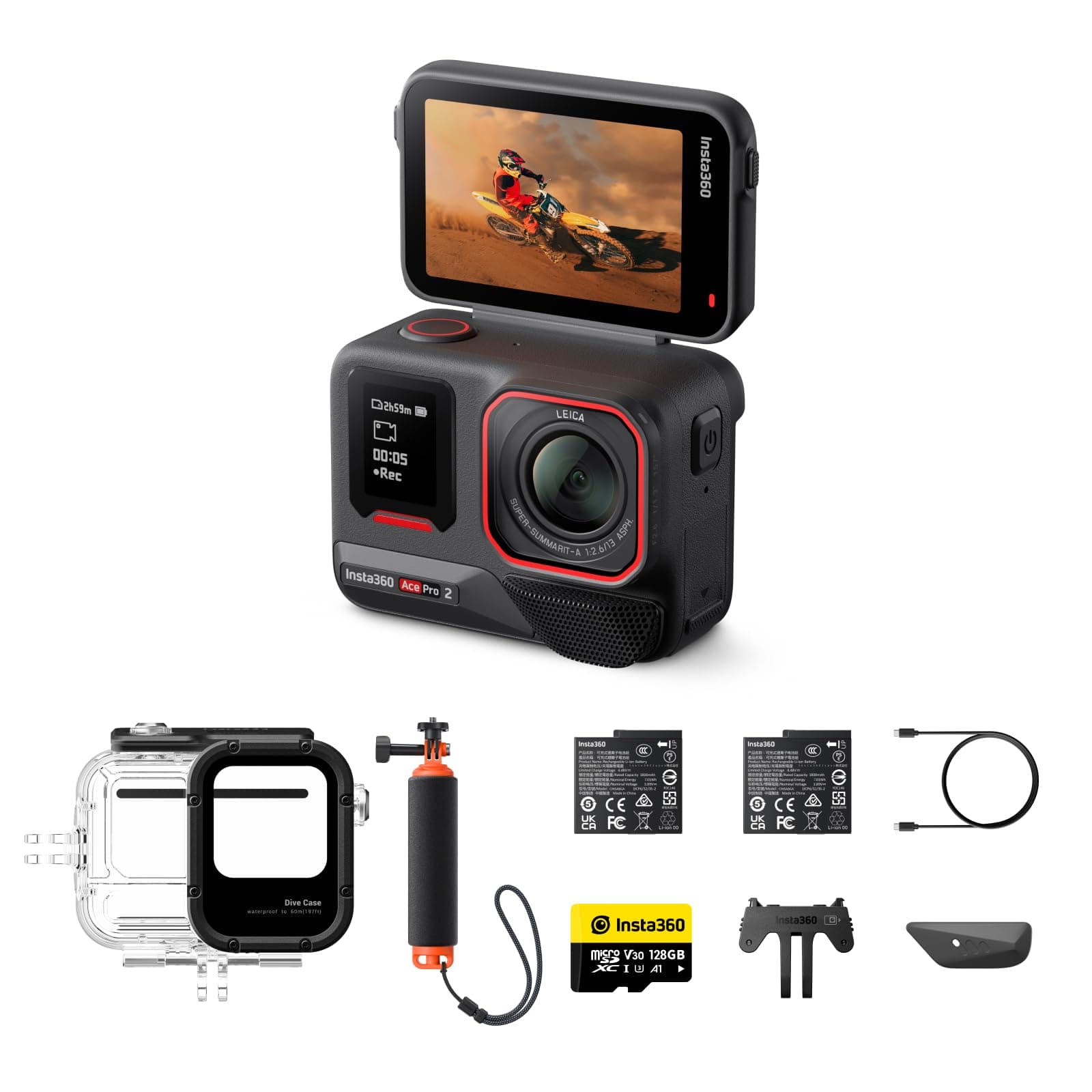 Insta360 Ace Pro 2 Pack plongée - Caméra d'action étanche 8K co-conçue avec Leica, capteur 1/1,3", Double Puce d'IA, qualité en Basse lumière, Audio avancé, écran Rabattable, édition IA Vlogs, Moto