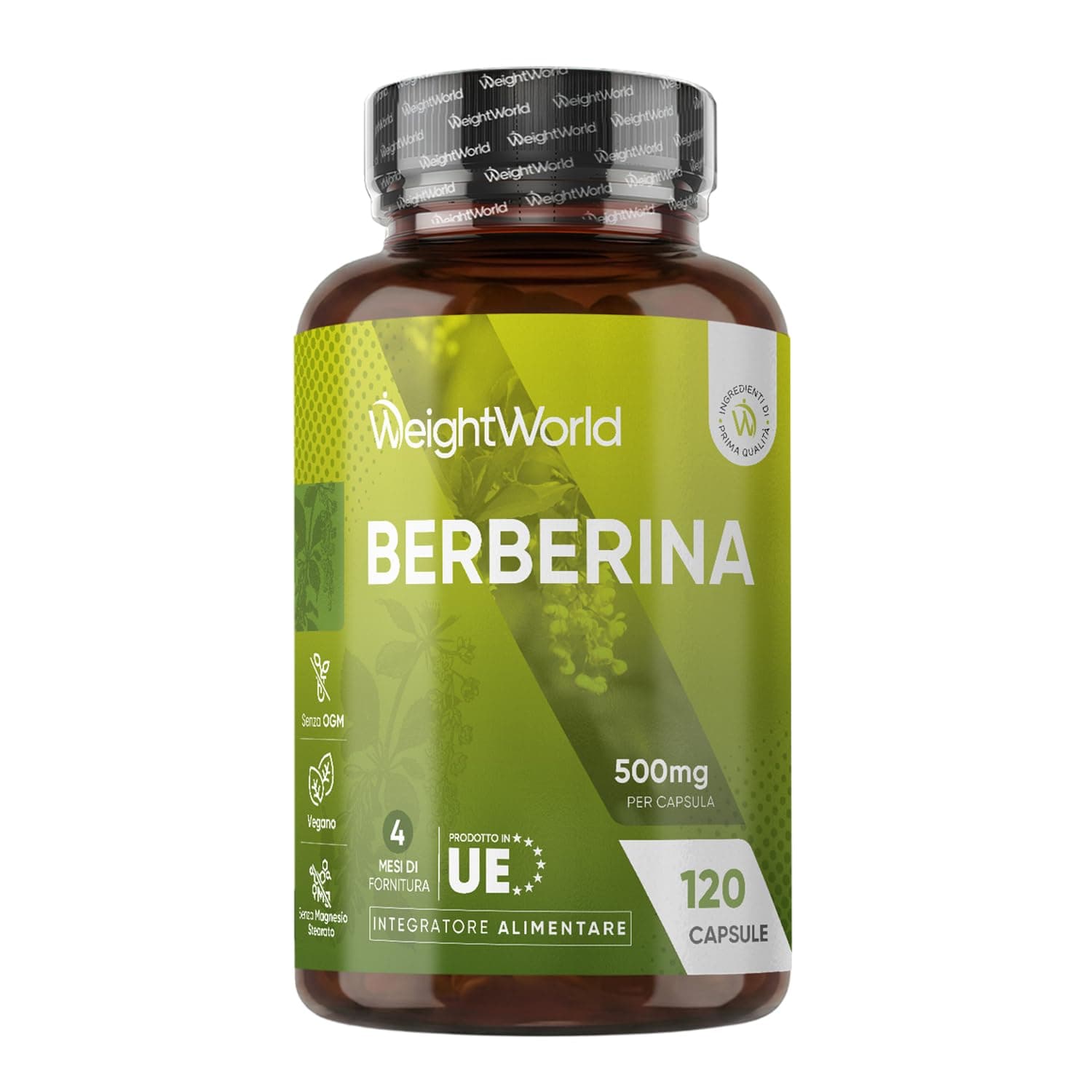 Berberina Vegana, 4 Mesi di Scorta, 1 Capsula al Giorno, Integratore Berberina 500 mg Pura 85%, 120 Capsule, Berberine Proveniente dalla Berberis Aristata, Senza Magnesio Stearato, Prodotto in Europa