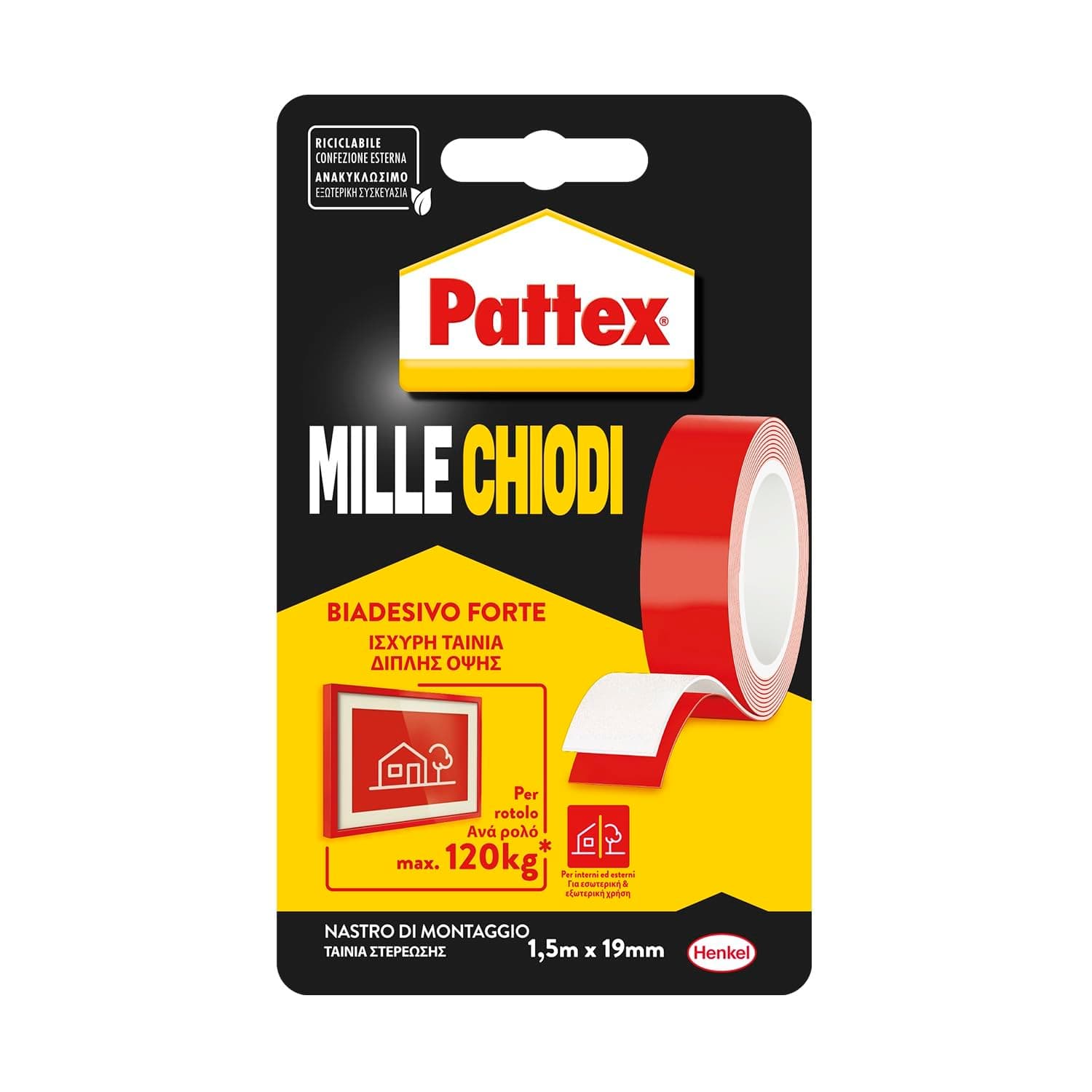 Pattex Millechiodi Tape, Nastro biadesivo extra forte per applicazioni permanenti, Nastro adesivo di montaggio per interni ed esterni, 19 mm x 1,5 m