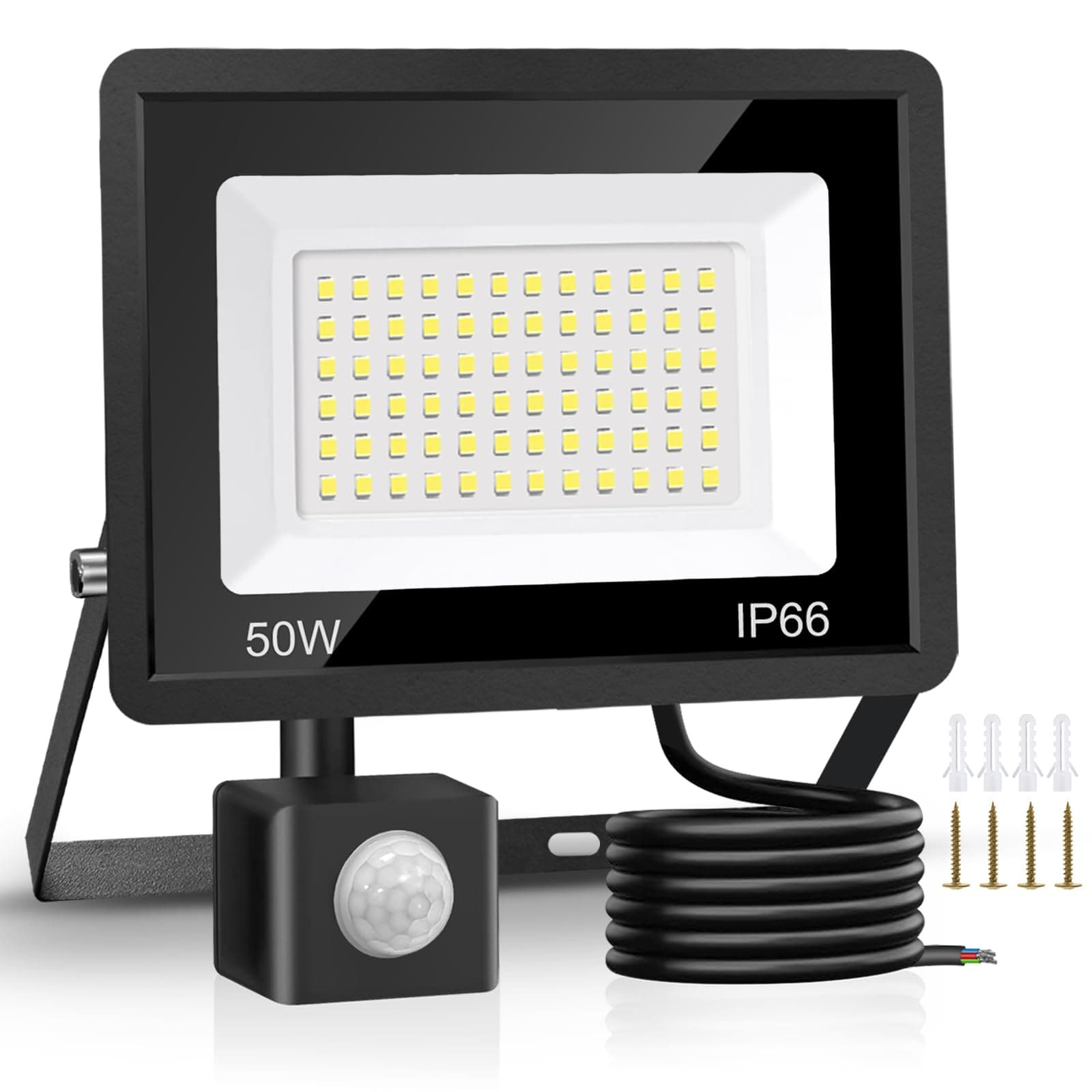 Jsdoin Projecteur LED ExtéRieur 50w, Lampes de SéCurité D'ExtéRieur Avec dé Tecteur de Mouvement, 4500 Lumens, 6500 K, Lampe de SéCurité Pir, Ip66, Lampe de Jour éTanche Avec CâBle d e 2 M Pour