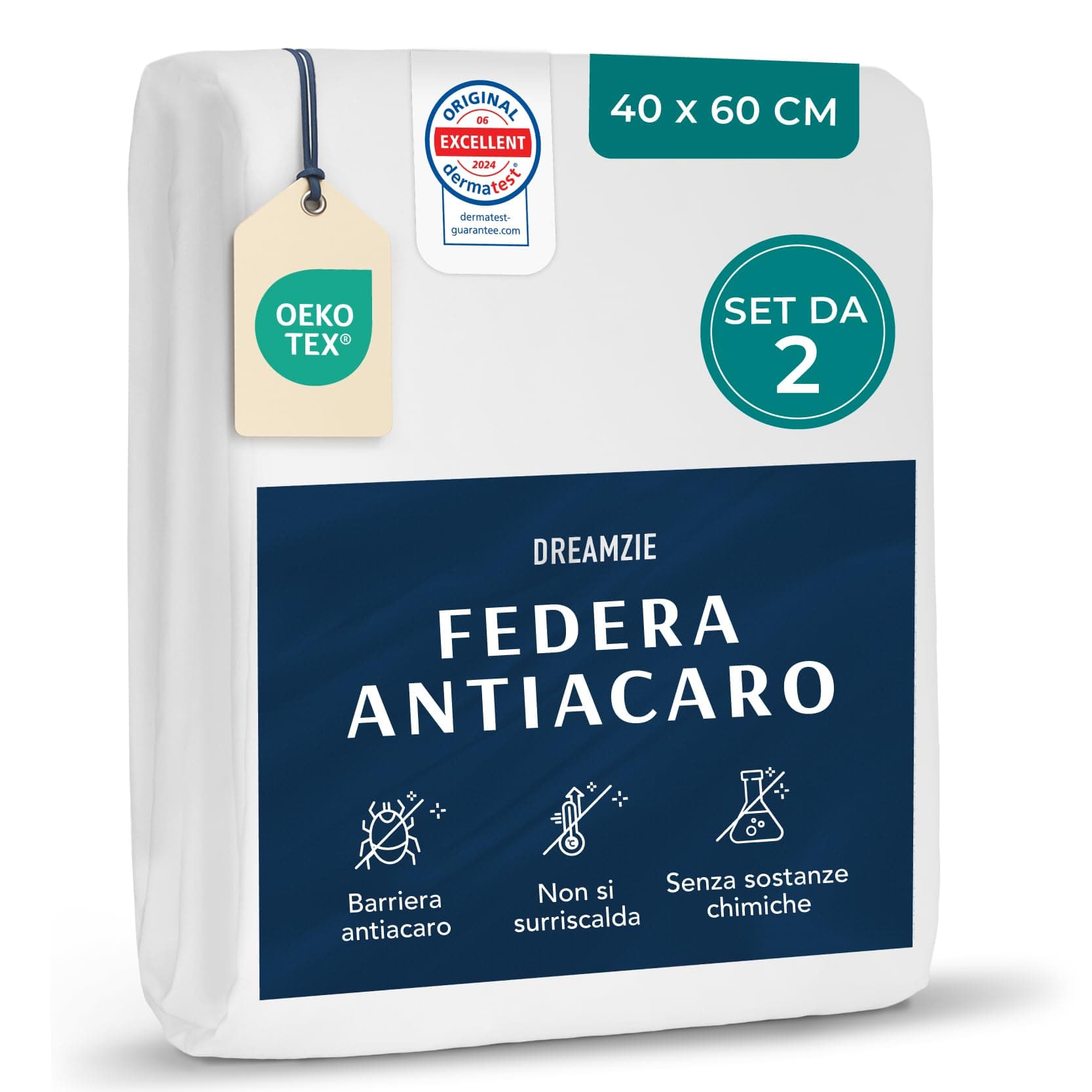 Dreamzie - Set di 2 Copricuscini Antiacaro - Copri Cuscino Letto 40x60 cm per Persone Allergiche - Federa Antiacaro Anallergico Certificato Lavabile a 95°C