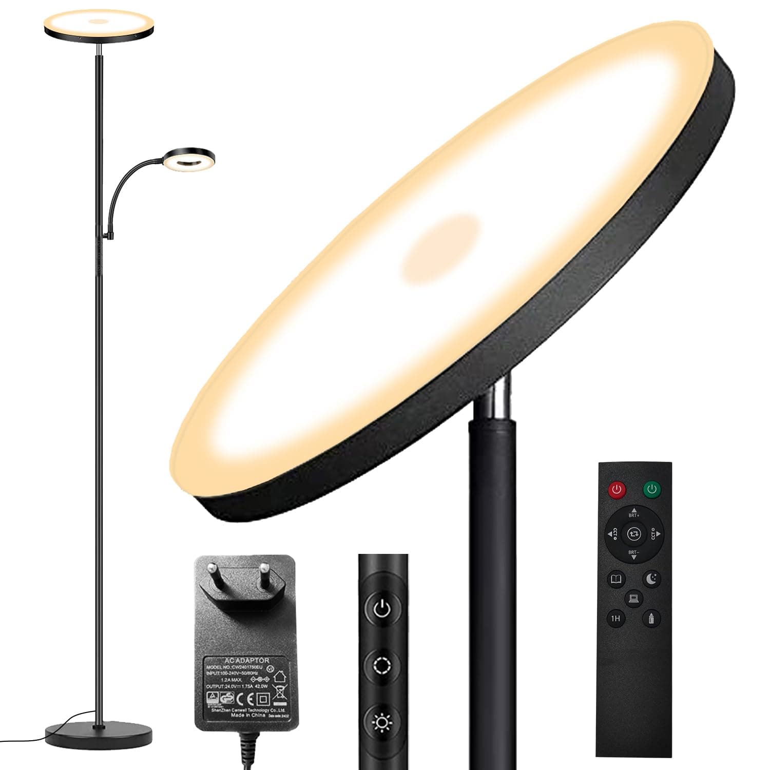 42W Lampada Da Terra Salotto, 4500LM Luminosa LED Piantana Lampada da Terra Dimmerabile con Telecomando e Touch Control, 2700K-6500K Piantana LED Lettura Nera per Soggiorno Letto Ufficio