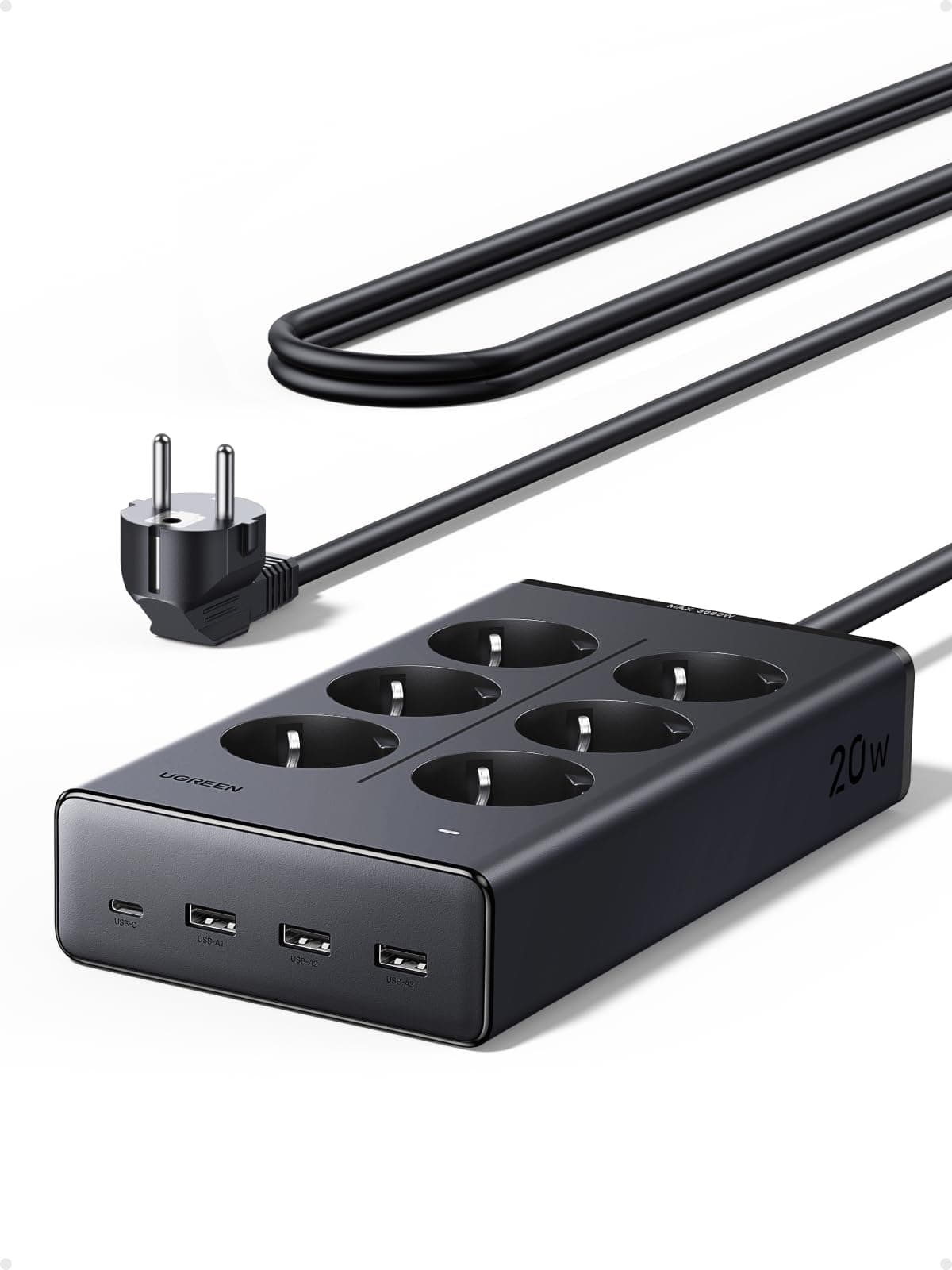 UGREEN Steckdosenleiste mit USB, 10-in-1 Mehrfachsteckdose mit Schalter, 20W Schnellladen USB C, 3680W Steckdosenwürfel mit Überspannungsschutz, Gesamtlänge 1,5 m, für Schreibtische, Büros
