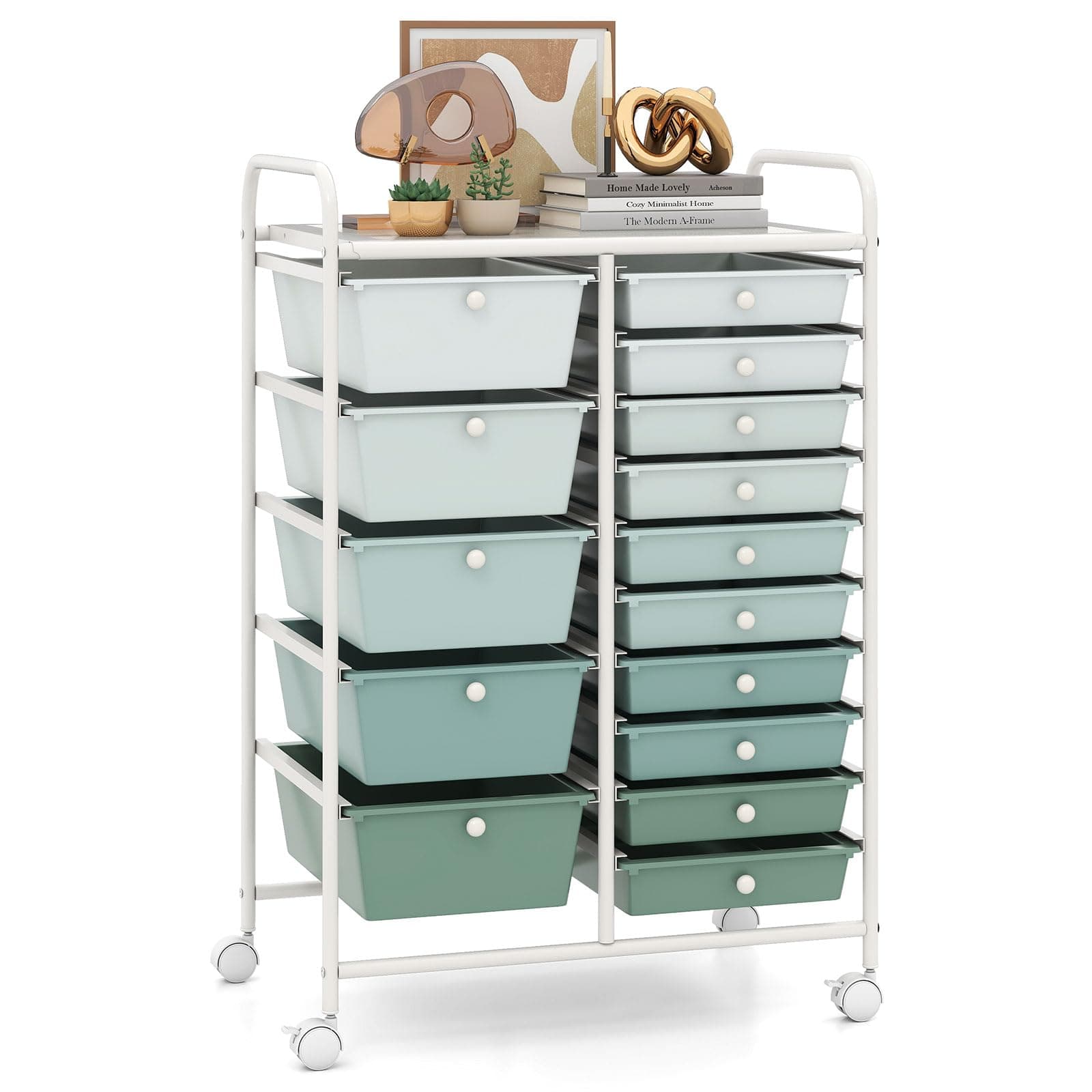 COSTWAY Chariot de Rangement à Roulette 15 Tiroirs en PP, Tour de Rangement avec Tablette, Cadre en Métal, Desserte Meuble Tiroir pour Cuisine École, 63x37x87cm (L | 15 tiroirs,Vert Dégradé)
