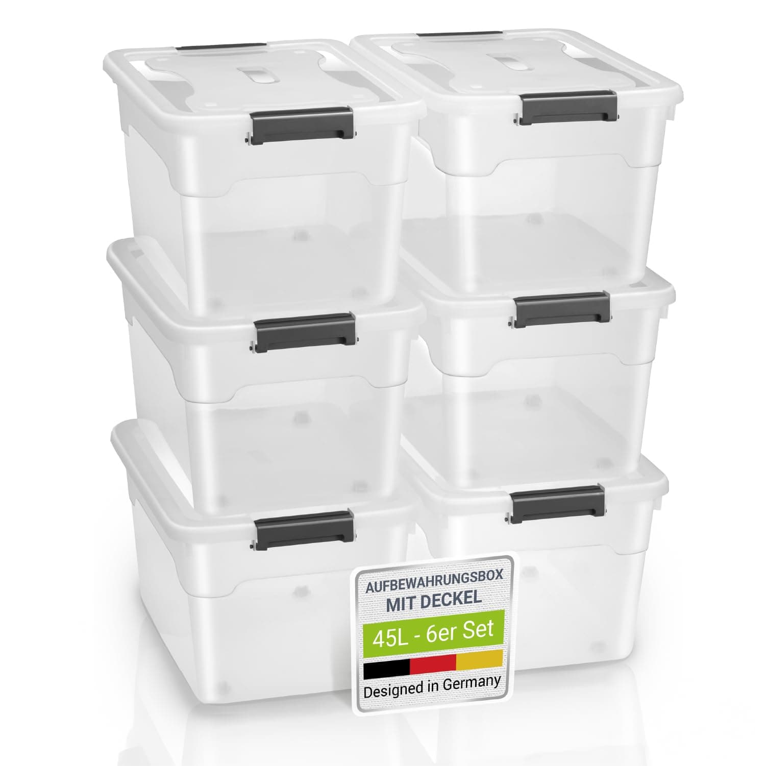 Juskys Aufbewahrungsbox mit Deckel - 6er Set Kunststoff Boxen 45l - Box groß, stapelbar, transparent - Aufbewahrung Ordnungssystem Aufbewahrungsboxen