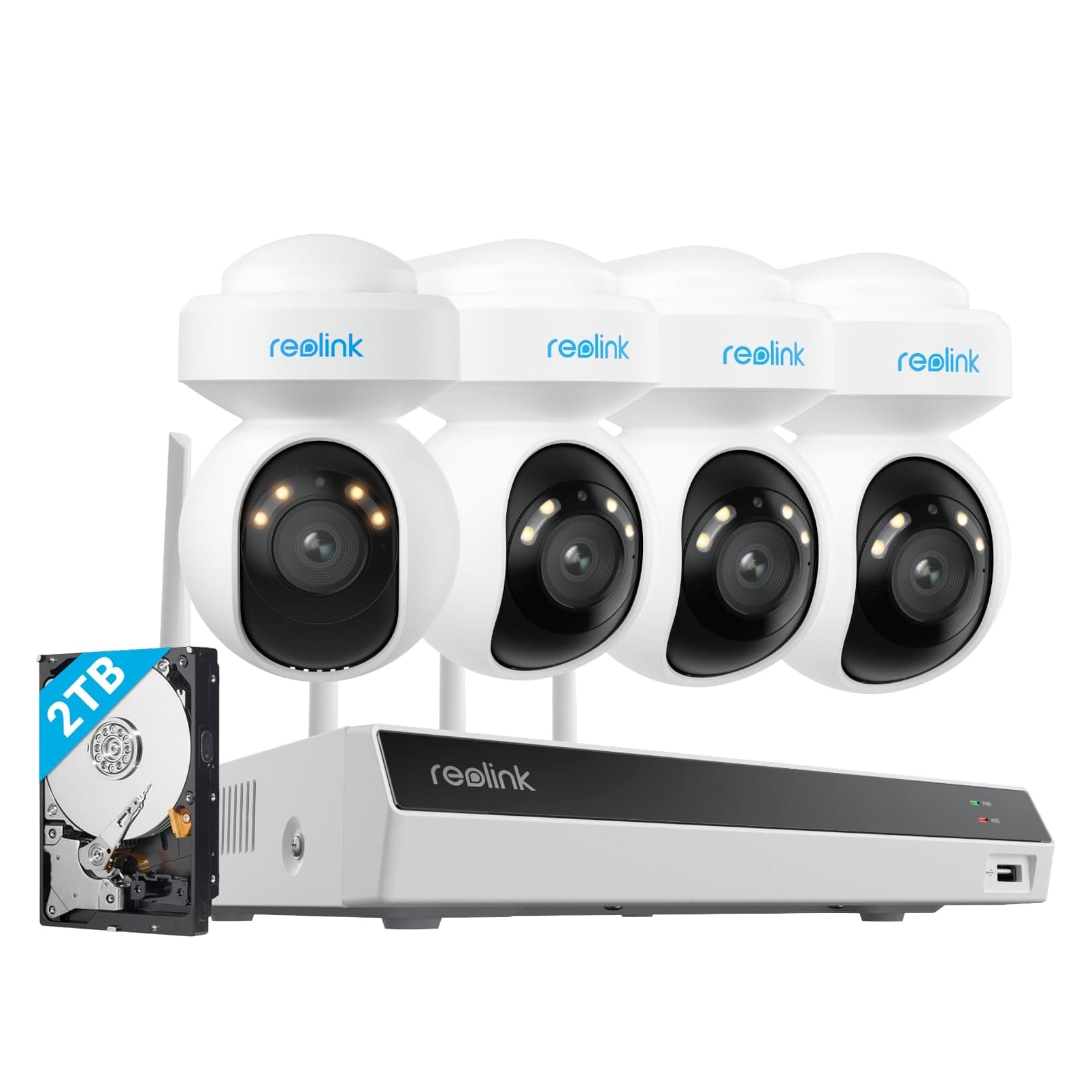 Reolink 4K Wi-FI, 4 caméras WiFi extérieures, Détection Intelligente | Vision Nocturne Couleur, NVR Wi-FI 12 canaux avec Disque Dur de 2 to (RLK12-800WPT4)