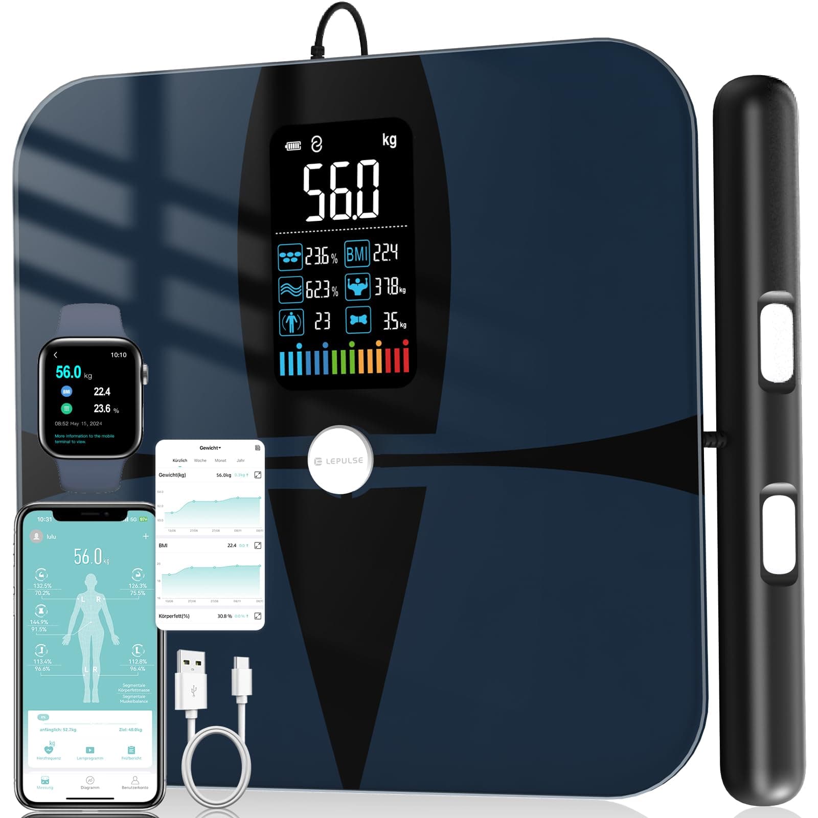 Lepulse Bascula Bioimpedancia 8 Electrodos, Digital Bascula Grasa Corporal y Muscular Recargable con Pantalla Grande, Precision Bascula de Baño Grasa Corporal Balanza Inteligente con 20 Mediciónes