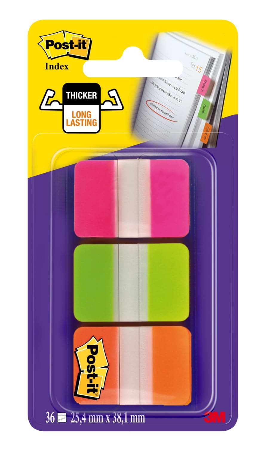 Post-it Haftstreifen Index Strong - 36 Haftstreifen 25,4 mm x 38,1 mm - Farben: Orange, Pink, Grün - Zum Markieren, Hervorheben oder Farbcodieren wichtiger Informationen