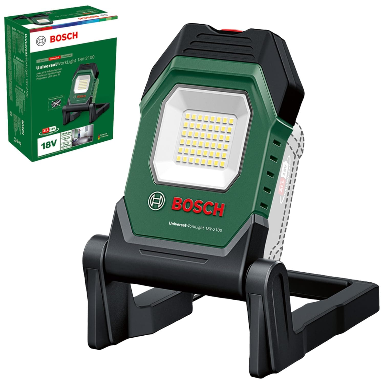 Bosch Akku- LED-Arbeitsleuchte/Baustellenlampe/mobiler Strahler UniversalWorkLight 18V-2100 (max. 2100 Lumen, 3 Helligkeitsstufen, Kopf mit 10 Klapppositionen; ohne Akku)