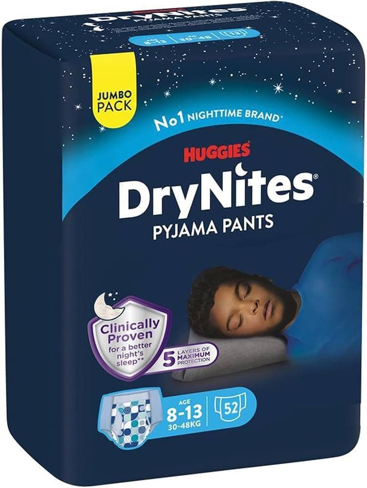Huggies Drynites Pannolini, 8-13 anni (30-48 Kg), Mutandine assorbenti, 4 confezioni da 13 pz, totale 52 pz