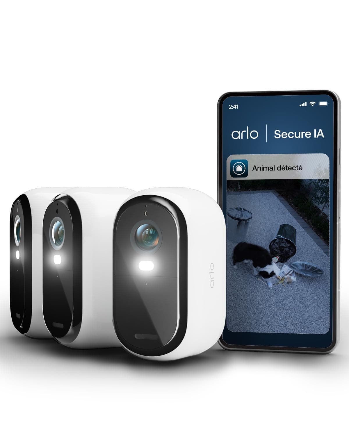 Arlo Essential 3 HD, Caméra de Surveillance WiFi Extérieure sans Fil, Autonomie de 6 Mois, Vision Nocturne Couleur, Éclairage, Sirène et Audio Bidirectionnel, Essai Secure Inclus, 3 Caméras Blanc