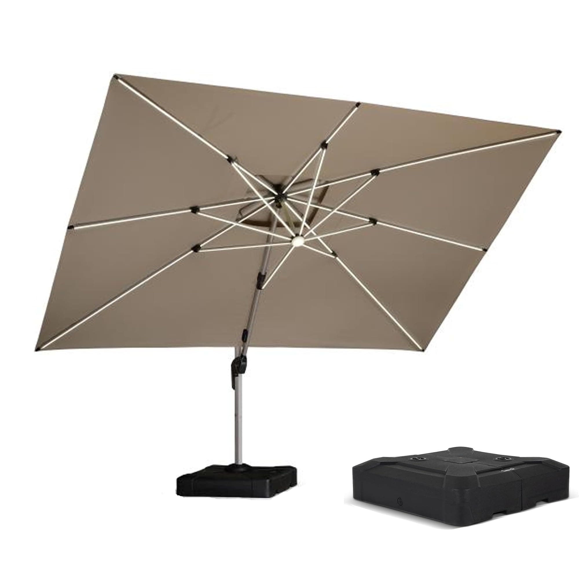 PURPLE LEAF Parasol Déporté 3 x 4 m Rectangulaire avec LED et Pied, Parasol de Jardin Extérieur à Toit Double Rotatif 360°, Pour Terrasses, Piscines, Restaurants Extérieurs, Beige