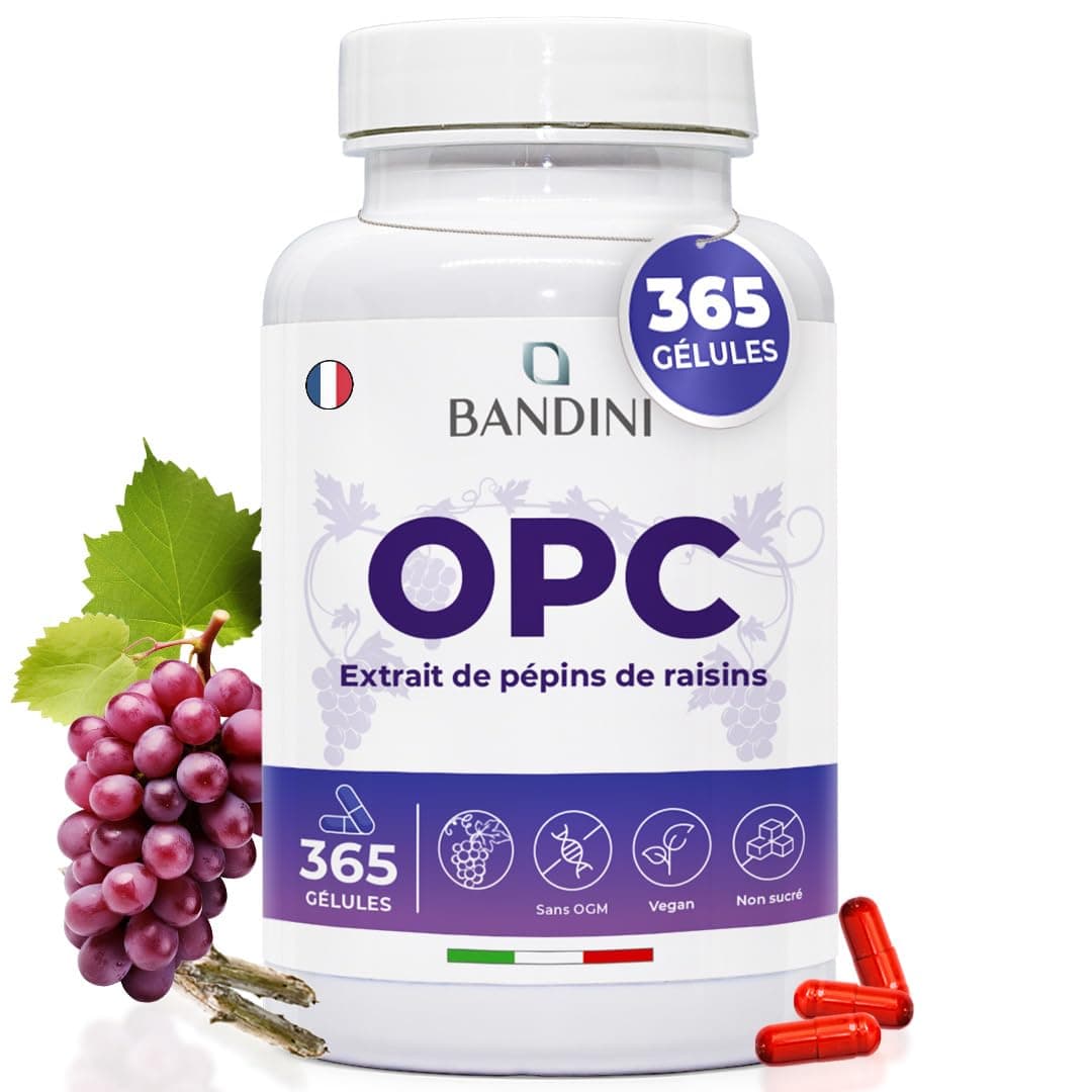 Bandini® Extrait de Pépins de Raisin OPC 365 Gélules | Haute dose avec 1076mg par dose | Teneur la plus élevée selon HPLC | Issu de raisins italiens | 1052mg extrait avec 999,4mg OPC + 24mg Vitamine C