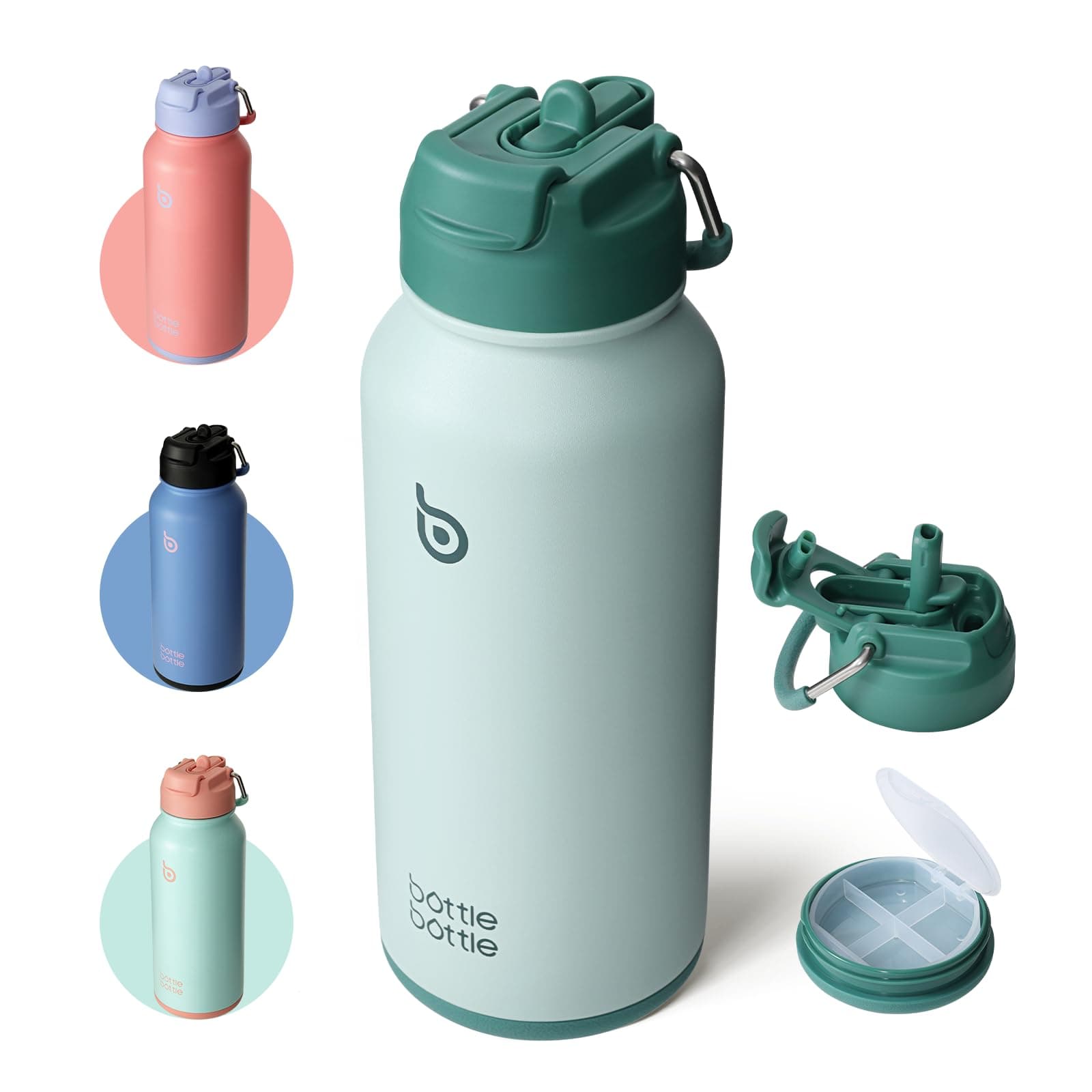 BOTTLE BOTTLE Botella de agua isotérmica de acero inoxidable de 946 ml con pajita, pastillero y tapa de doble uso para gimnasio (verde)