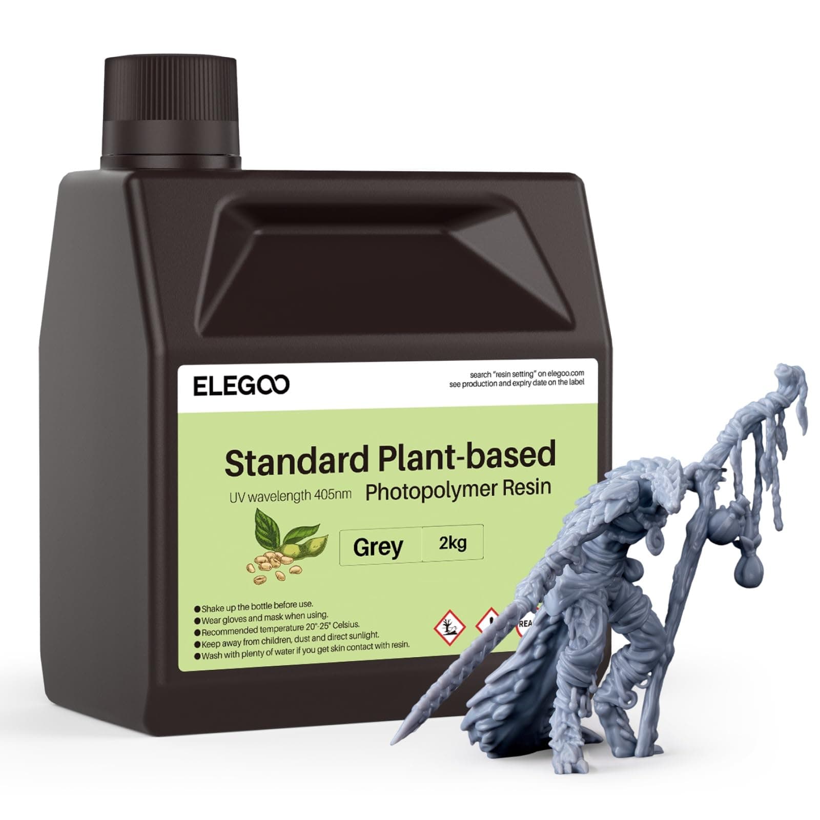 ELEGOO Résine Standard à Base de Plante pour Imprimante 3D avec Odeur Ultra-faible et Haute Précision, Résine à Photopolymérisation UV 405 nm Résine Photopolymère pour Imprimante 3D Gris 2000g