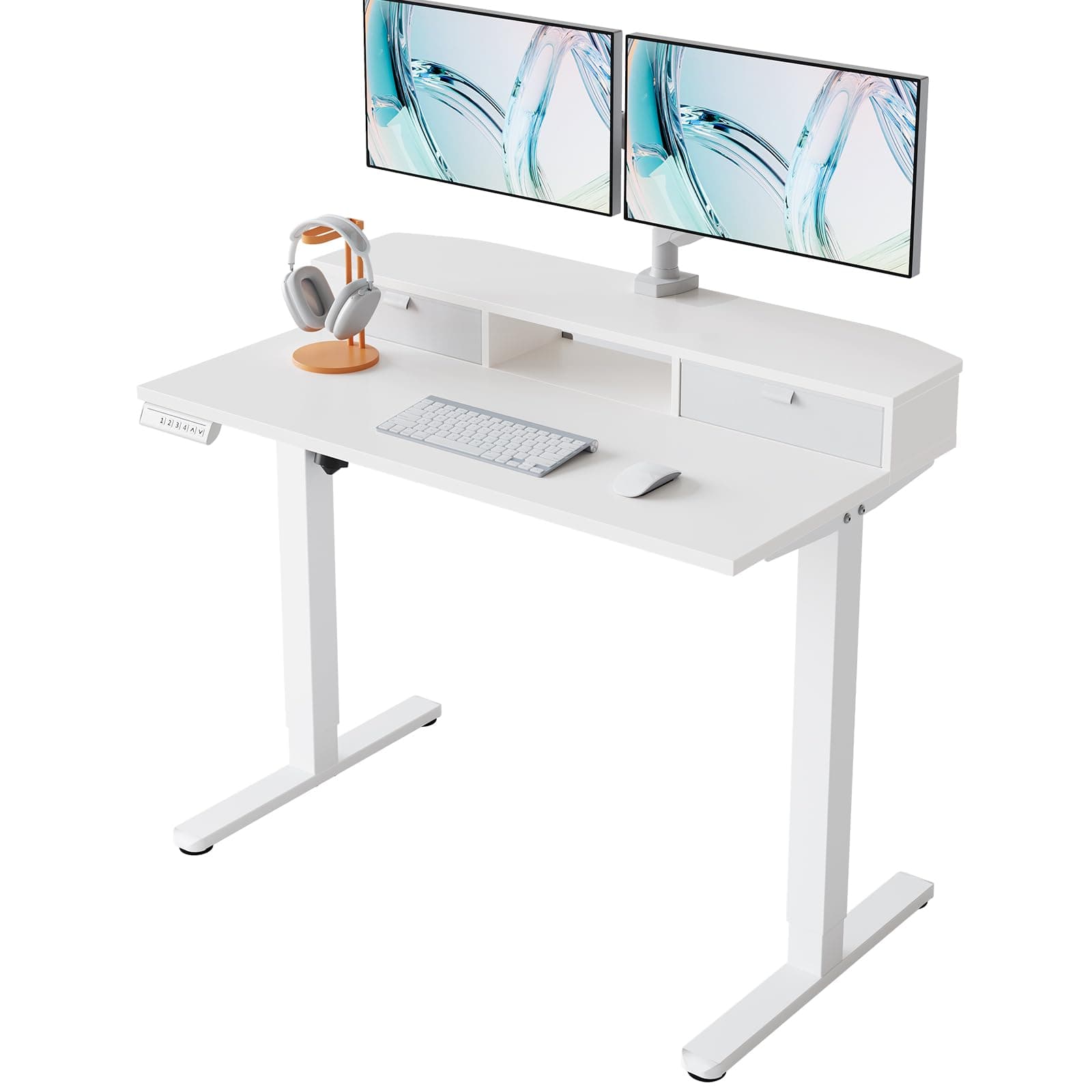 HUANUO Escritorio Elevable 100 x 60 cm con 2 Cajones, Escritorio Ajustable en Altura con Soporte Tipo Abrazadera en C, Mesa Elevale de Pie para Oficina en Casa con 4 Memorias de Altura