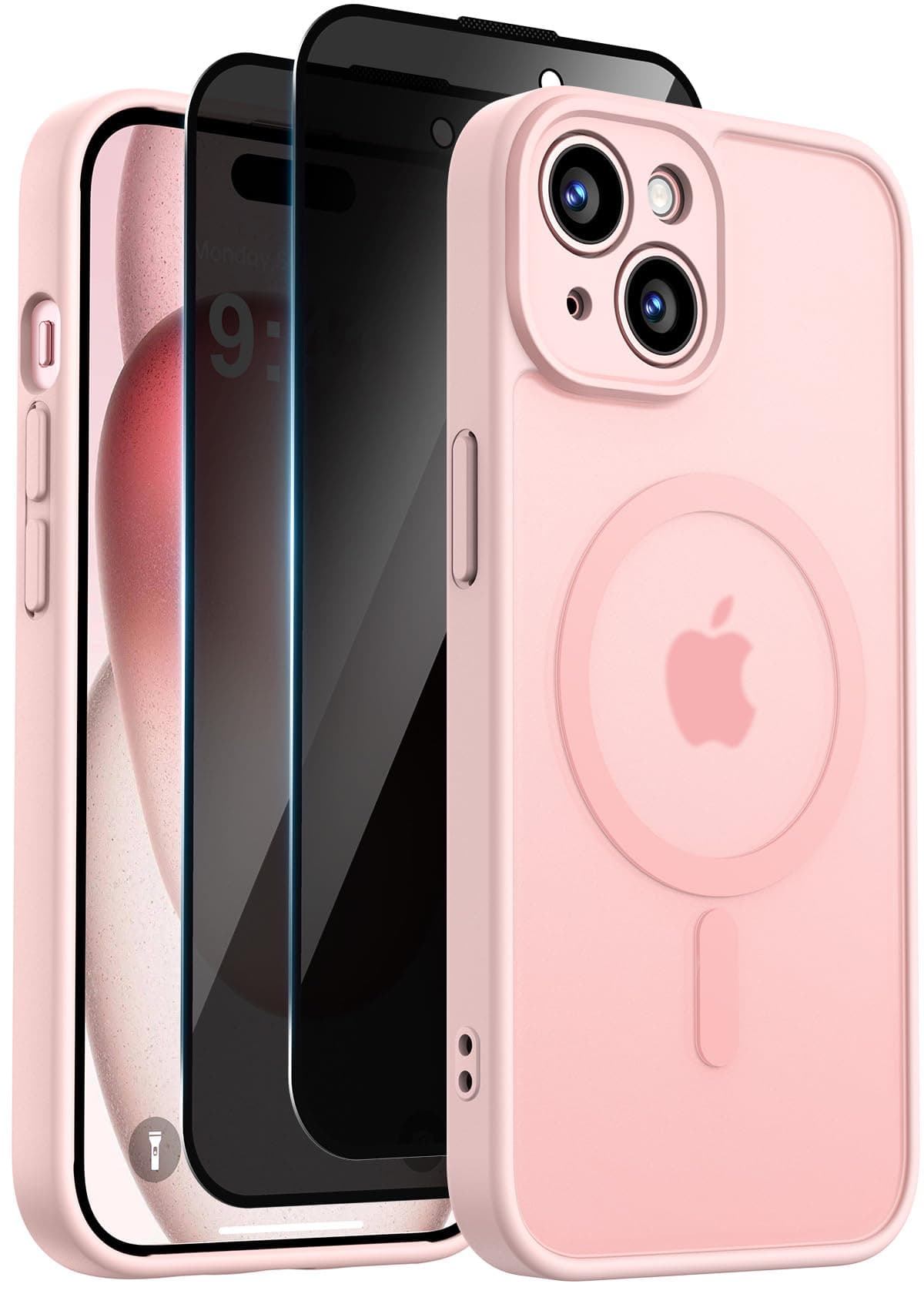 Helssitot Coque Magnétique pour iPhone avec 2 Verre Trempé Anti-Espion Compatible avec MagSafe Militaire Étui Housse Antichoc Bumper Militaire-Rose pour iPhone 15