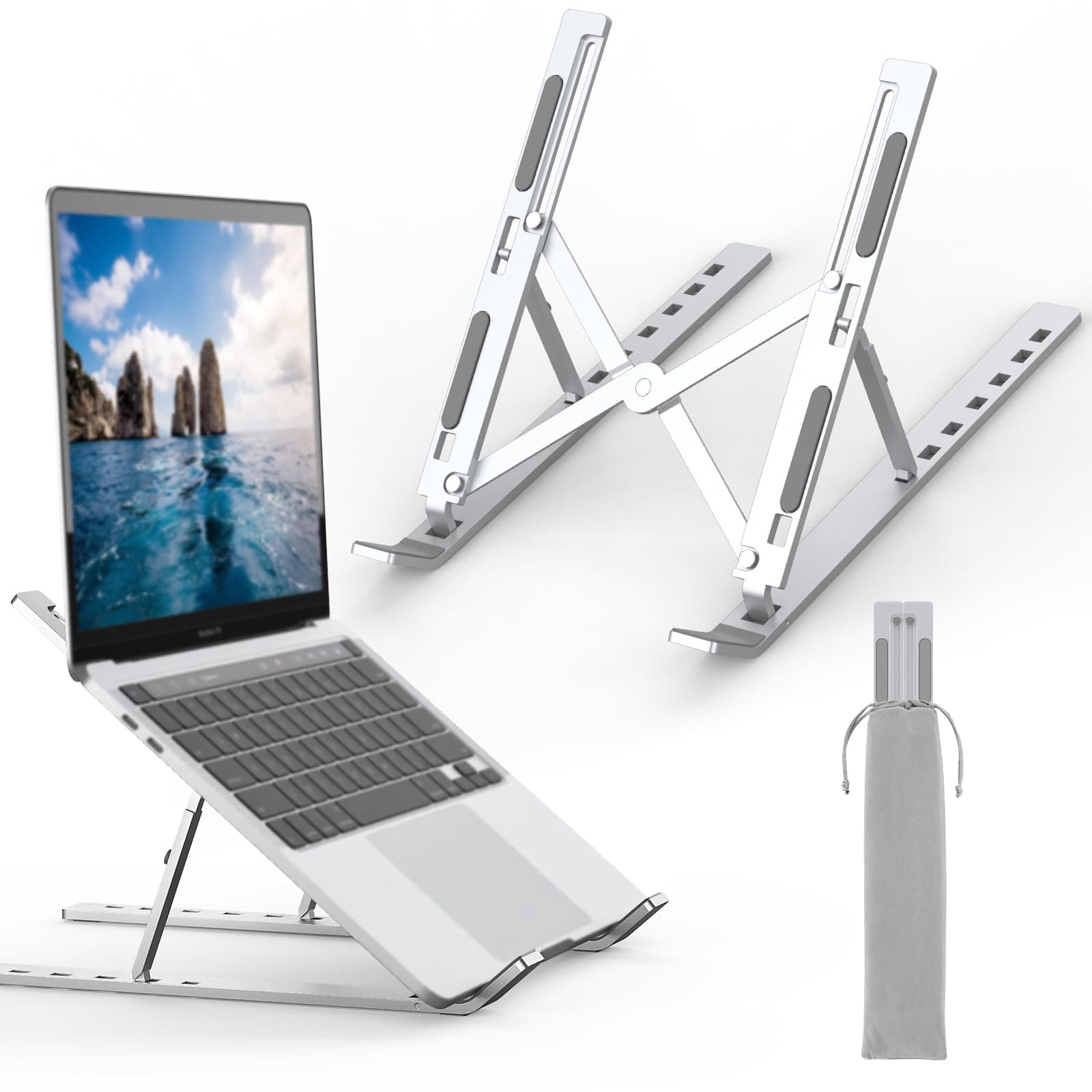 GRIFEMA Soporte para Ordenador Portátil, Laptop Stand Ajustable 7 Ángulos | Elevador Portátil Plegable de Aluminio con Bolsa, Soporte Ergonómico Ventilado para 10-15.6'' Portátiles, Tablets