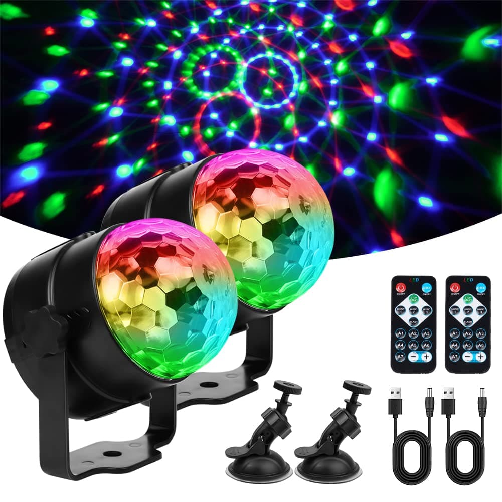 URAQT Bola de Discoteca, 2PCS 7 Colores RGB Luces Discoteca con Sonido Activado Y Control Remoto, 360 ° Rotación Bola Discoteca, 3Modos (Música/Automático/Flash) para KTV Navidad Fiesta Boda Bar