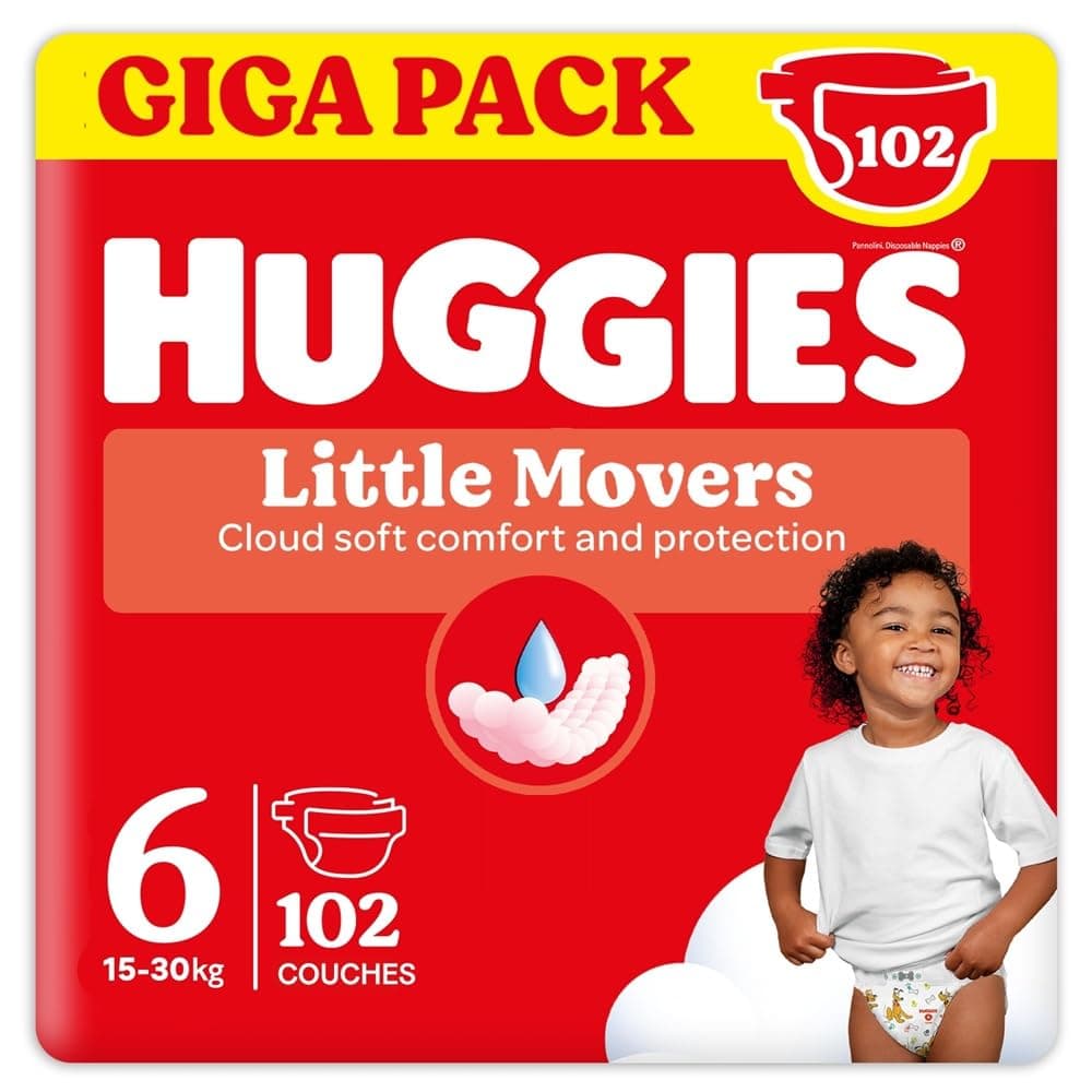 HUGGIES - Little Movers - Couches bébé taille 6 -(15-30 kg) - Absorbtion rapide, Pas de Fuite, jusqu'à 12h au Sec - Confort & Protection -Ceinture extensible ultra douce - Pack 1 mois 102 Couches