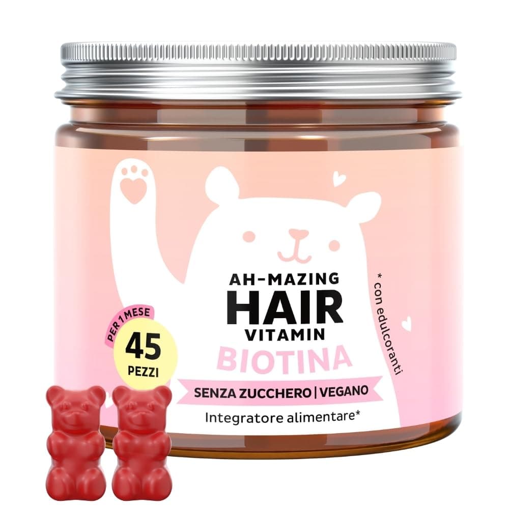 Caramelle Gommose Biotina Ah-mazing Hair – Vitamine per Capelli, Pelle e Unghie – 5000µg di Biotina (B7), Zinco, Vitamine B6, B9, C, E – 45 Pezzi, Vegane, Senza Zucchero, Bears with Benefits