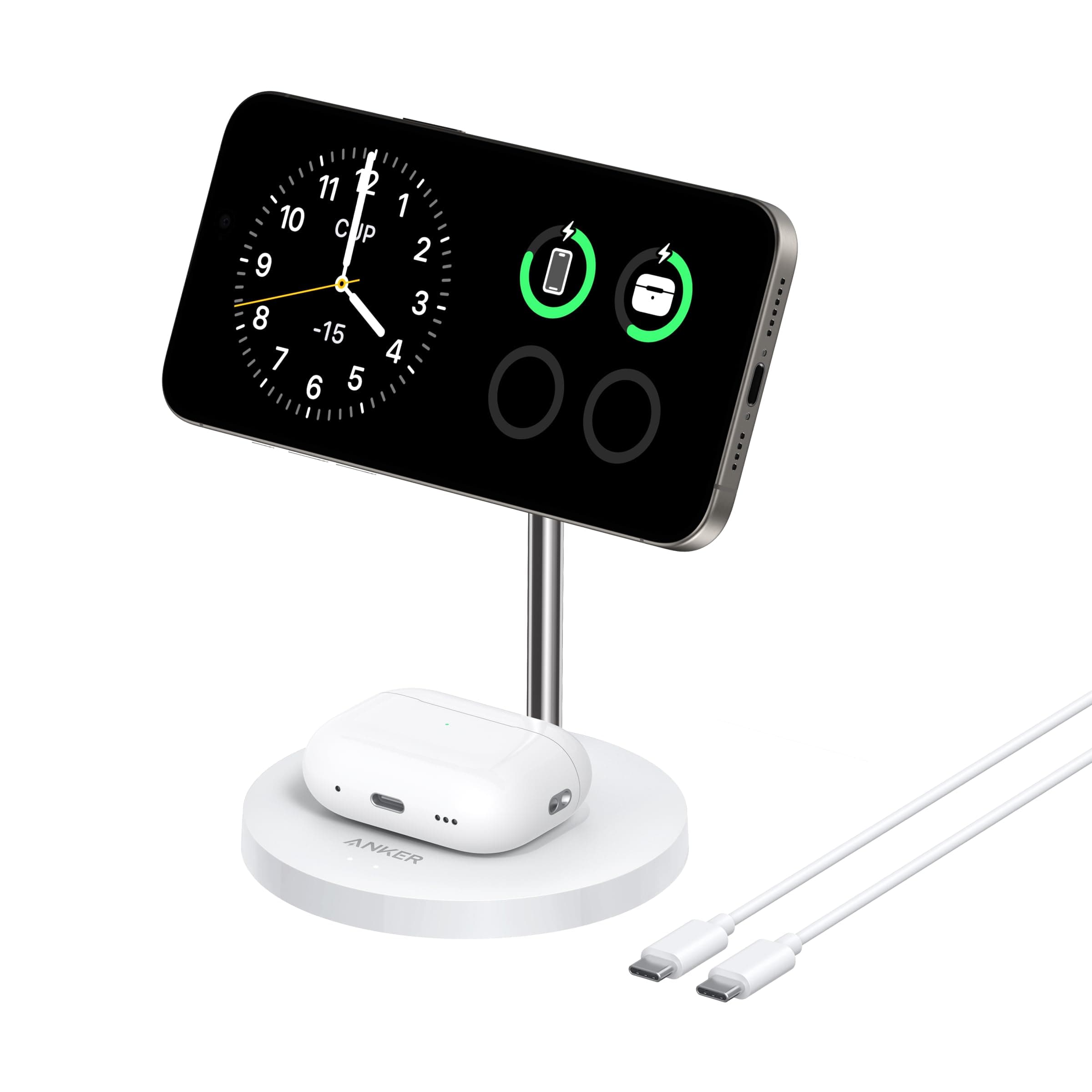 Anker MagGo 15W Magsafe Ladegerät kompatibel, 2-in-1 Induktive Ladestation, Qi2 Wireless Charger für iPhone 17/16/15/14/13/12, AirPods Pro, Mit 1,5m USB C Kabel, ohne Netzteil