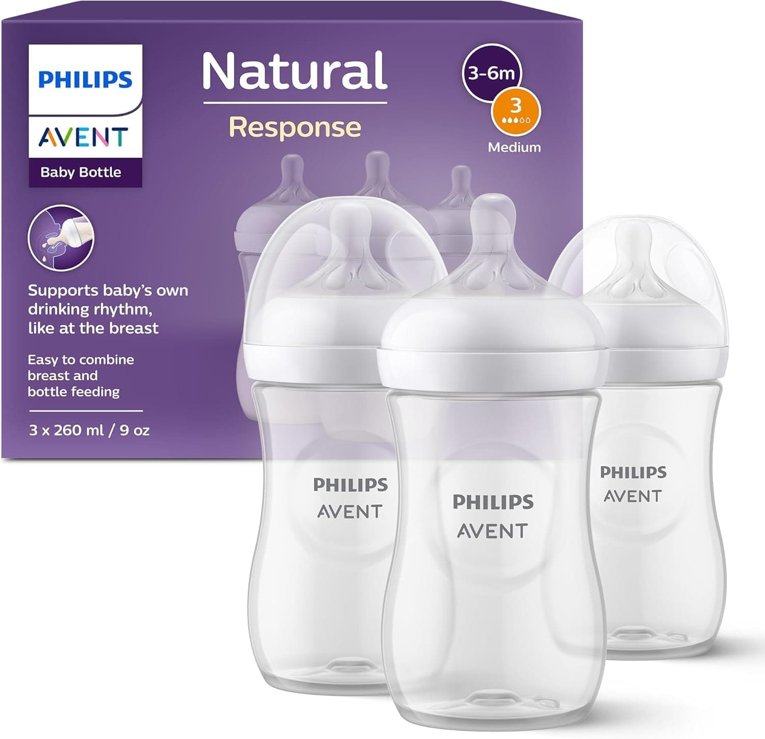 Philips Avent Biberon Natural Response - 3 biberon da 260 ml per neonati da 3-6 mese in su, senza BPA (modello SCY903/03)