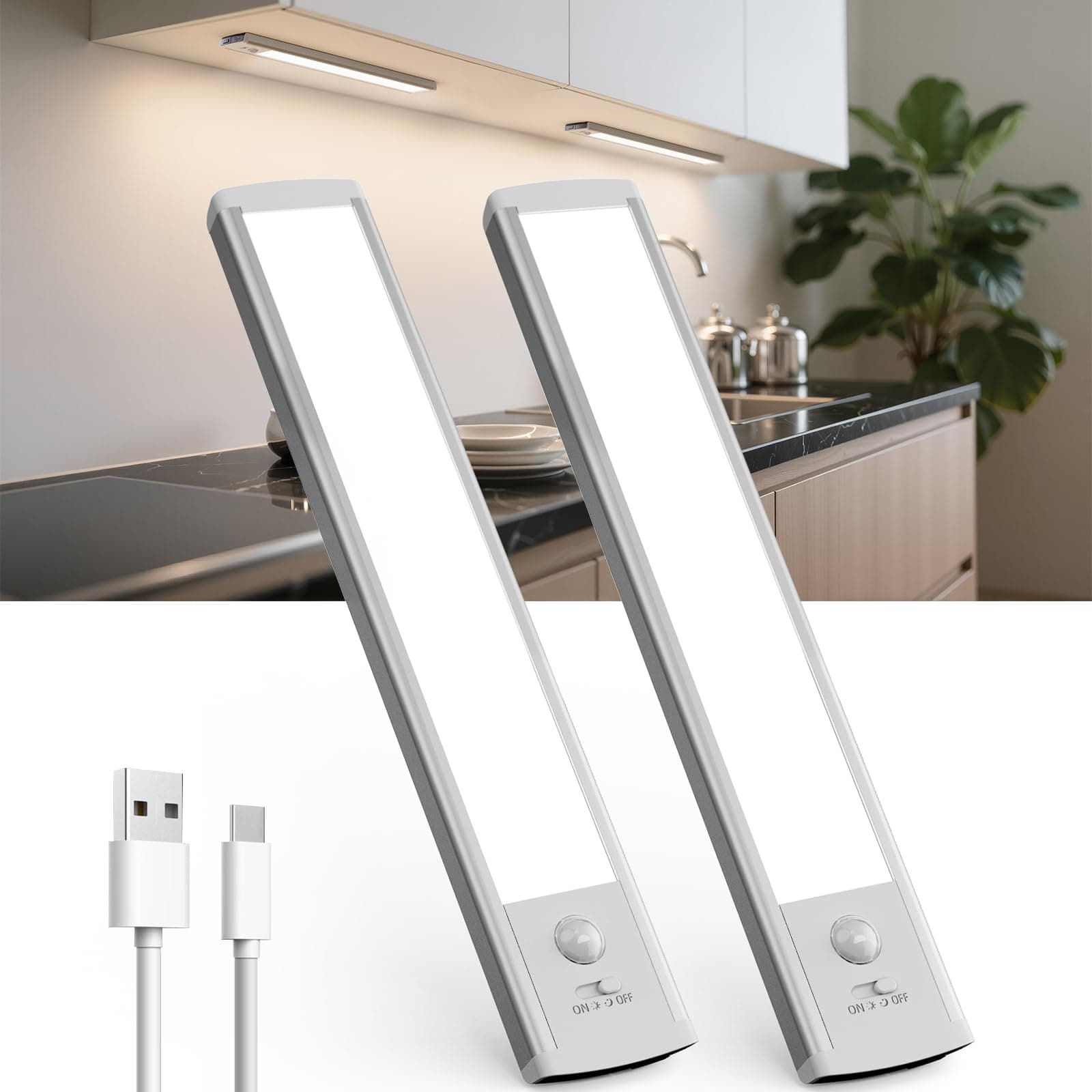 TANSOOL+ Luce LED Sottopensile Cucina, Armadio LED con Sensore di Movimento, 20cm Luce Sottopensile Dimmerabile Lampada per Cucina, Guardaroba, Scale, Soggiorno, Camere da Letto - 2 Pezzi