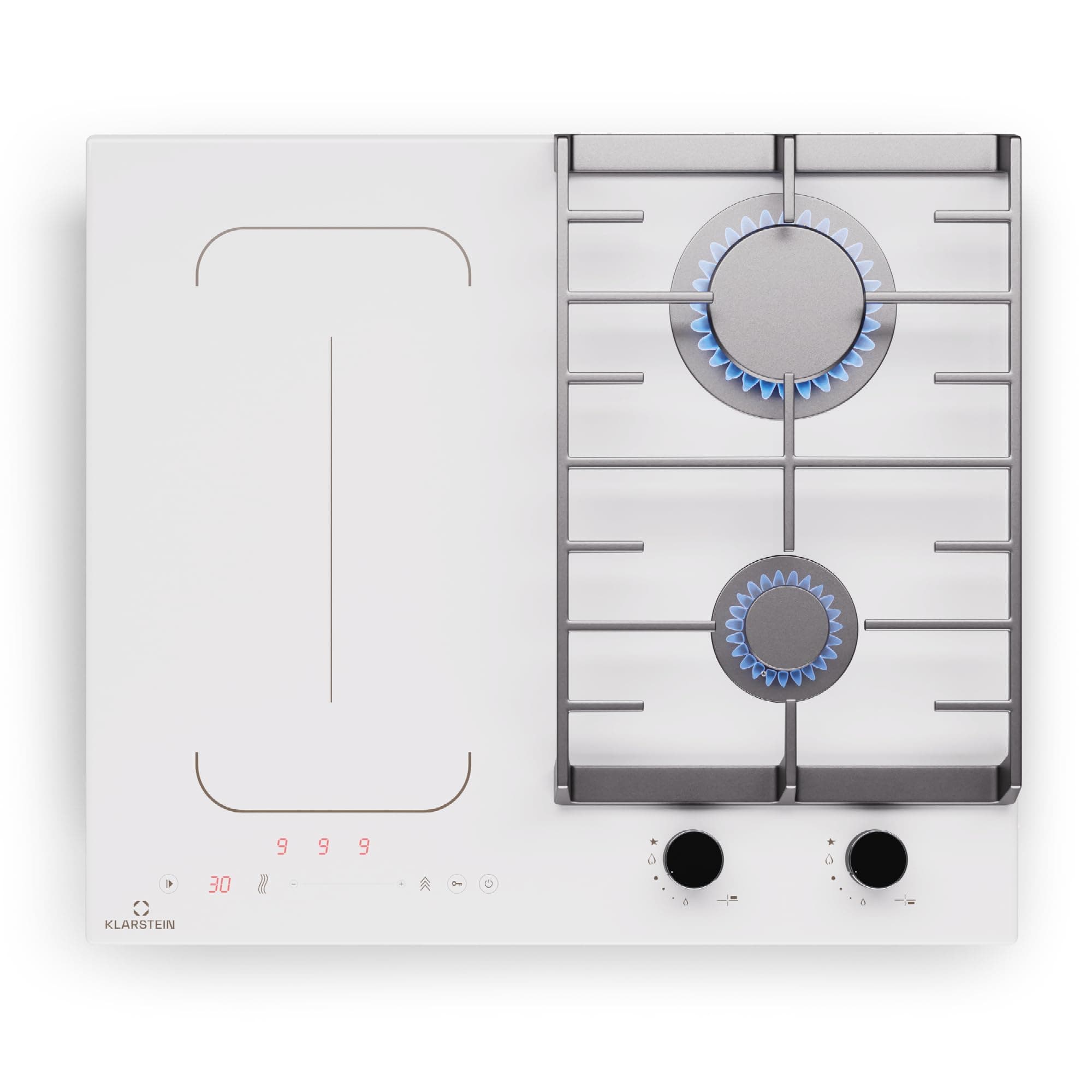 Klarstein MultiChef 4 Placa Mixta Gas Inducción - 4 Zonas (2 Gas, 2 Inducción), Flexzone, Control Deslizante, Stop&Go, Temporizador, 7Kw, Total, Blanco