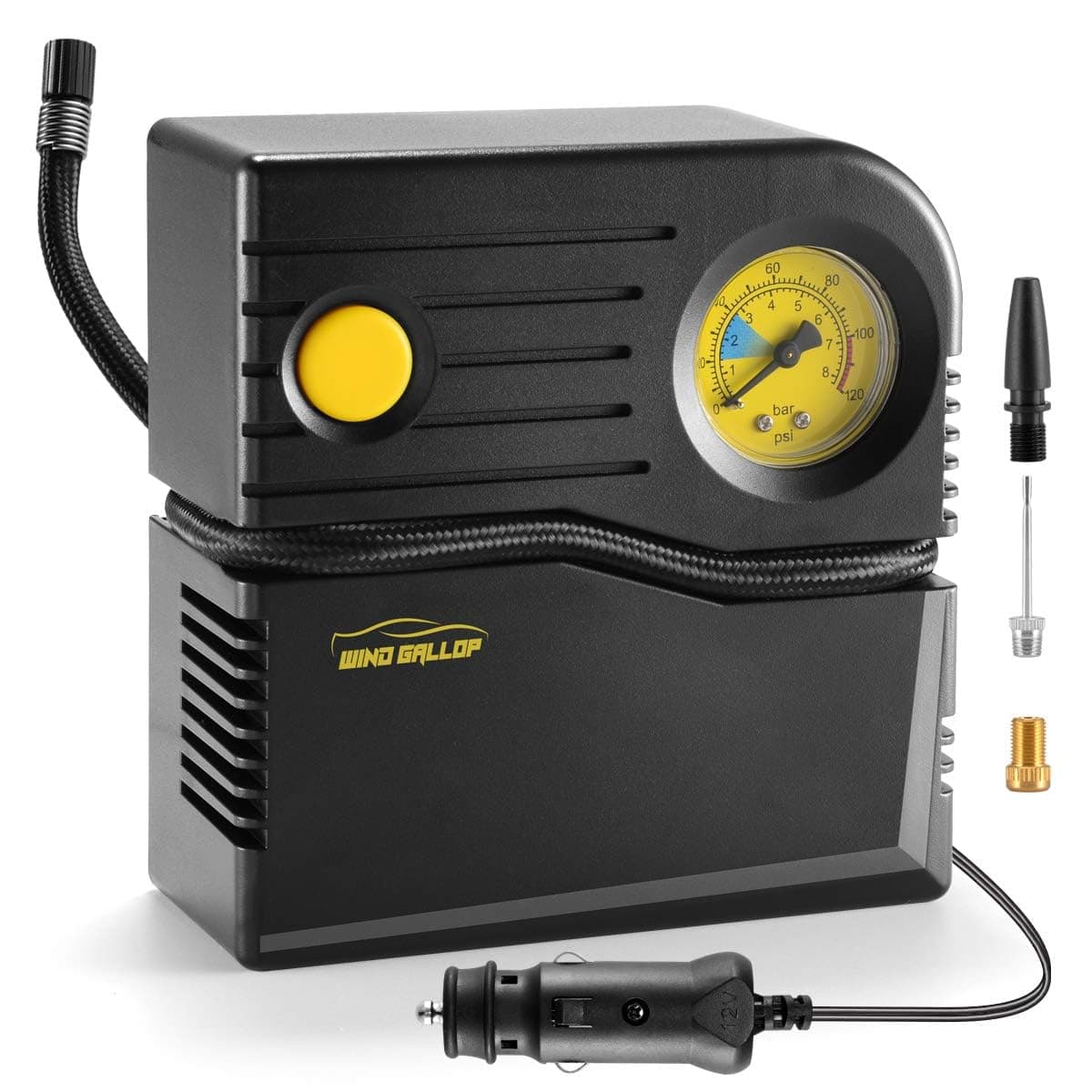 WindGallop Mini Compressore Aria Portatile Auto Compressore 12V Professionale Gonfiatore Analogico per Pneumatici per Auto Pompa Aria Auto con Manometro Pneumatici e Adattatori per Valvole (Giallo)