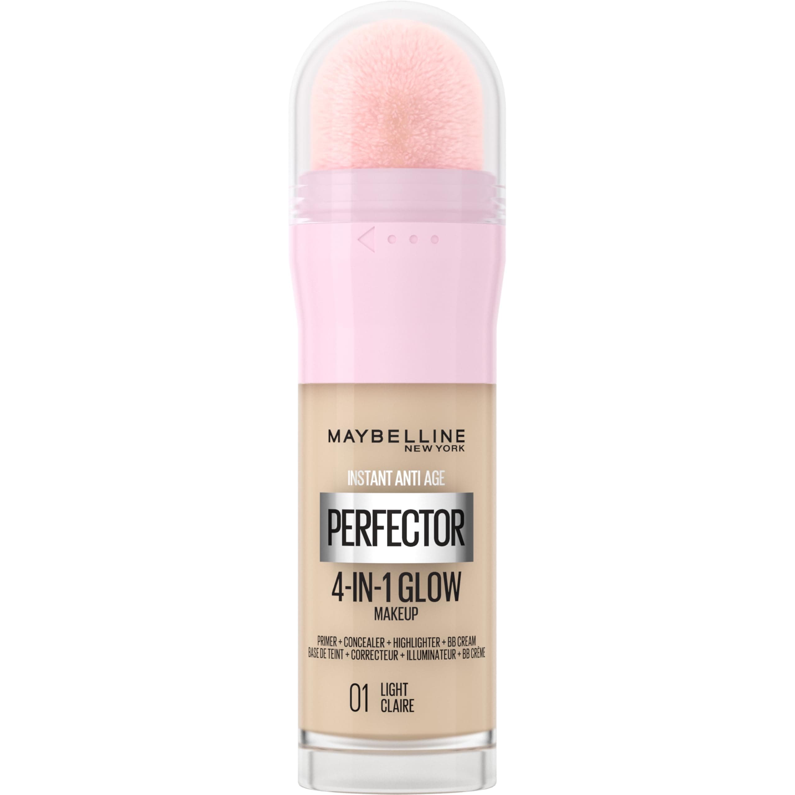 Maybelline New York 4-in-1 Make Up mit Concealer, BB Cream, Highlighter und Primer, für einen perfekten Teint, Foundation mit leichter Deckkraft, Instant Perfector Glow, Nr. 01 Light, 20 ml