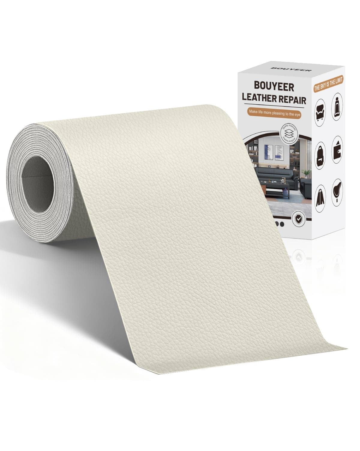 BOUYEER Pelle Adesiva per Riparazioni, 40x210 CM ecopelle toppe adesive per tessuti, Set Riparazione Ecologico & Senza Odori per Mobili/Divano/Sedili Auto/Borse/Restauro, Bianco avorio