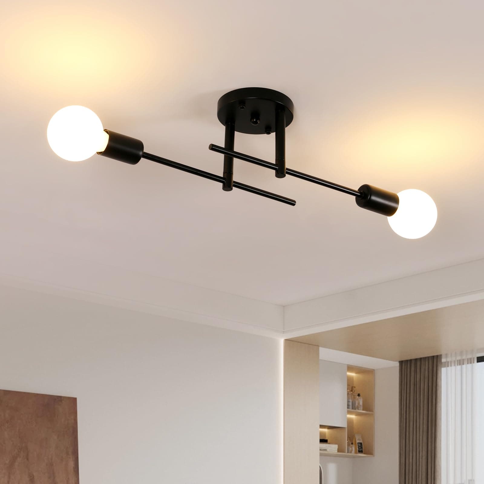 Comely Lampadario Soffitto Vintage, E27 Plafoniera Sputnik Industriale 2 Luci, Lampada da Soffitto in Ferro Nero per Camera da letto, Soggiorno, Cucina, Corridoio