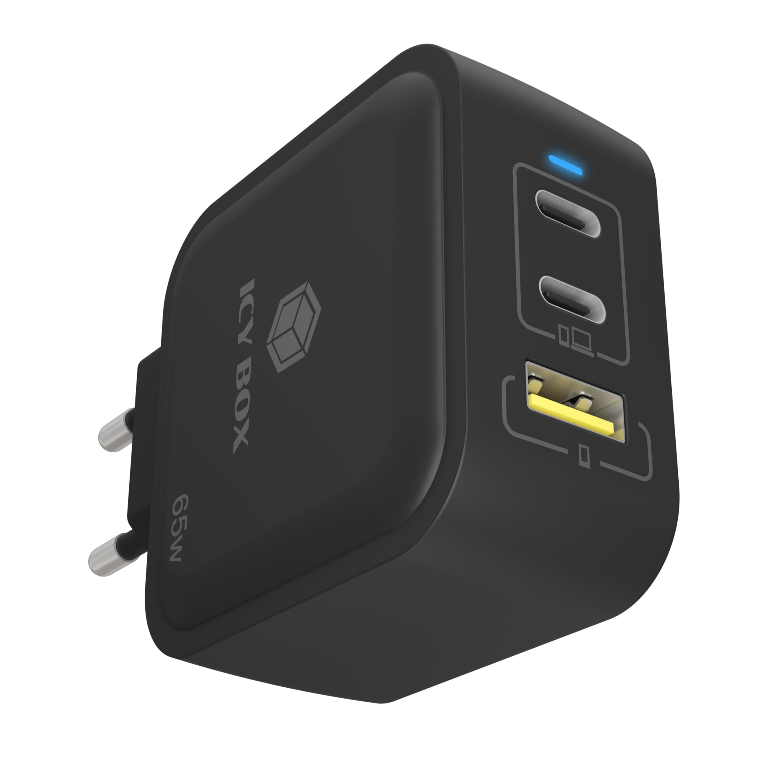 ICY BOX GaN Ladegerät 65W – USB-C & USB-A, Power Delivery 3.0, Schnellladefunktion, kompakt & leicht, 2 USB-C Ports, 1 USB-A Port, für Smartphones, Tablets & Notebooks – IB-PS1030-PD