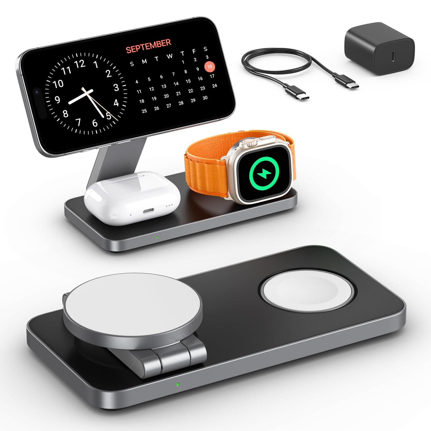Cargador inalámbrico con mag-Safe, estación de Carga iPhone 3 en 1 para Apple Watch, Cargador inalámbrico inductivo para iPhone 17e 17 16 15 14 13 12 Air, Apple Watch, AirPods Pro con Adaptador rápido