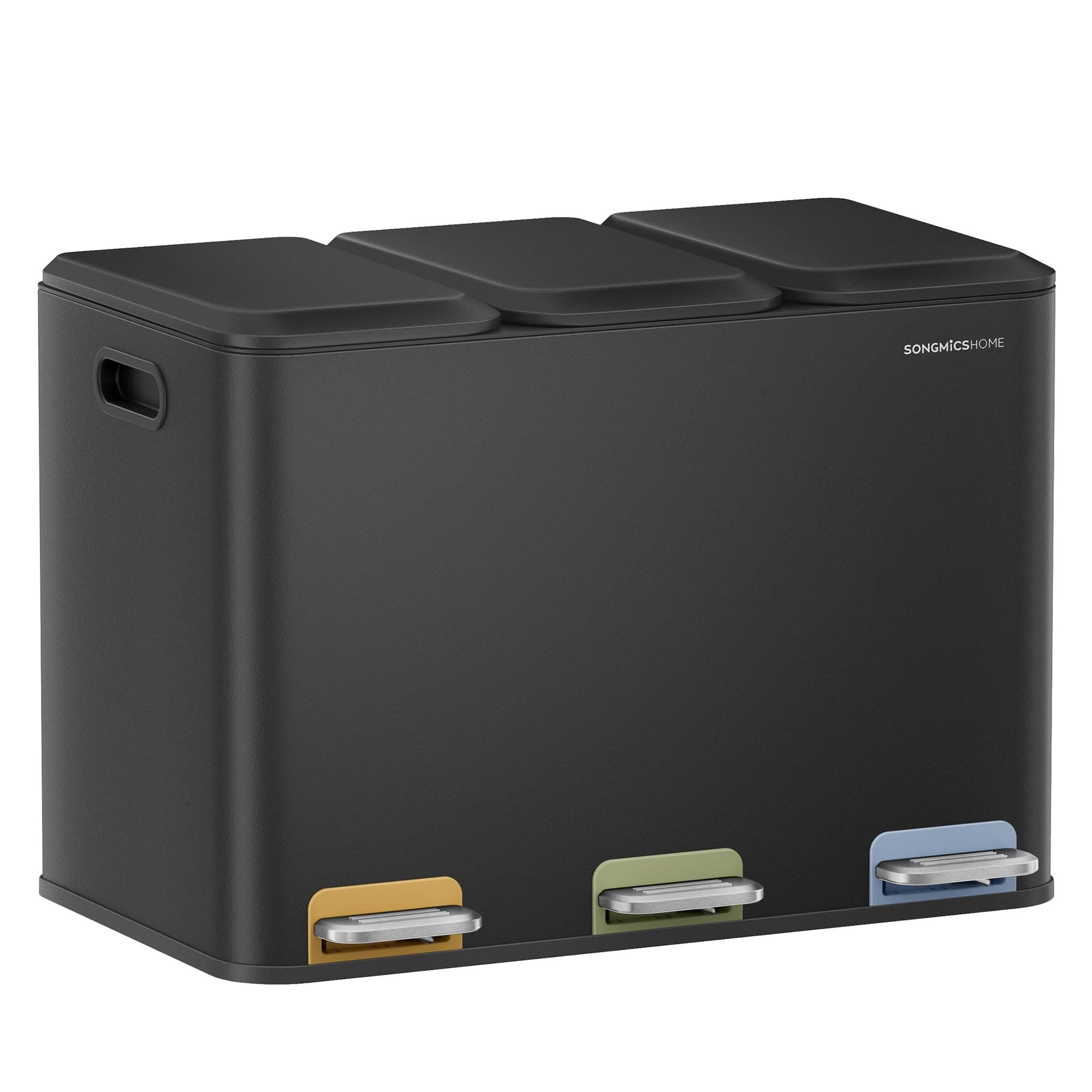 SONGMICS HOME Cestino da Cucina Tripla, Pattumiera per Raccolta Differenziata 3 x 15 L con Pedali Colorati, Raccolta Differenziata, Coperchio e Secchi Interni, Acciaio, Nero Inchiostro