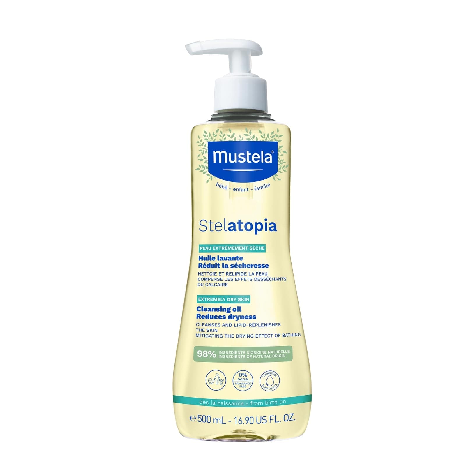 Mustela Stelatopia Badeöl für Haut mit extremer Trockenheit oder atopischer Dermatitis, Körper und Haare, Babys, Kinder, die ganze Familie - tägliche Reinigung, füllt die Hautfette auf (500ml)