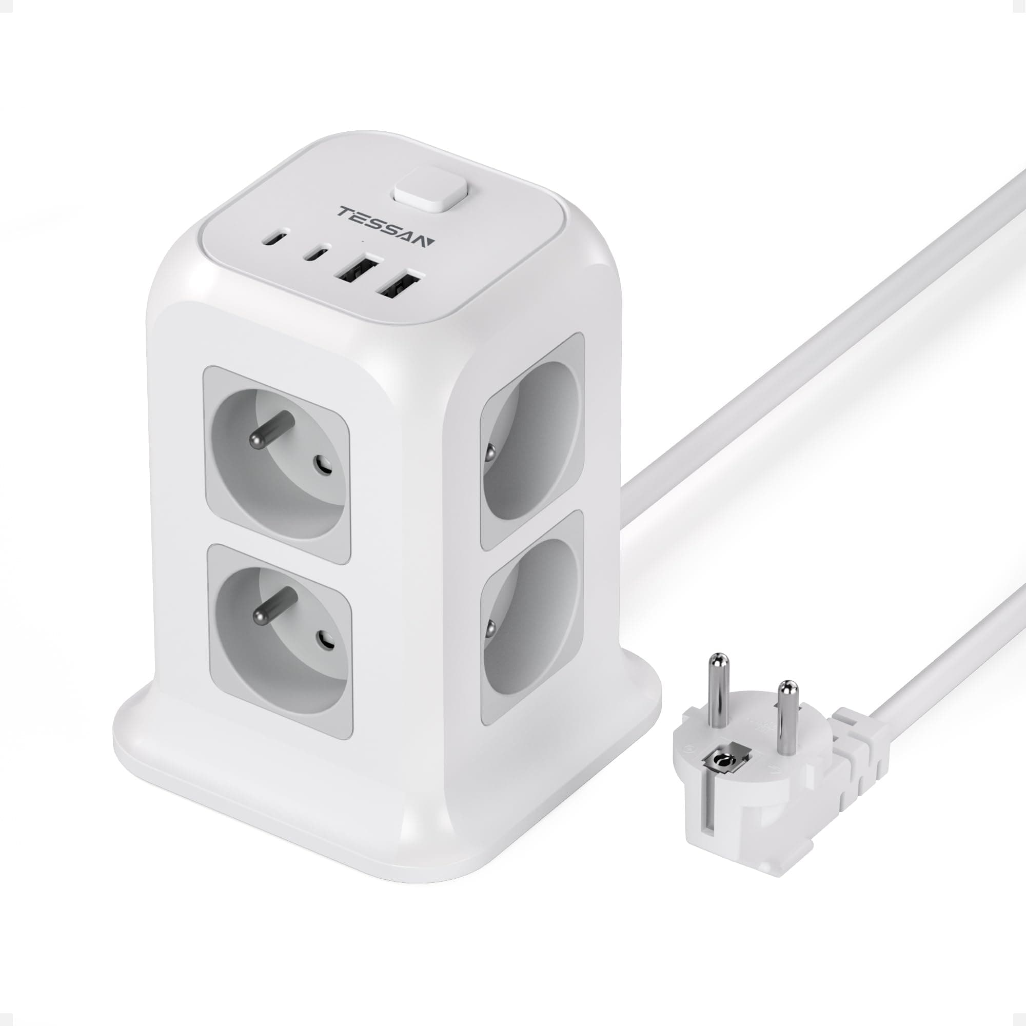 TESSAN Tour Multiprise 8 Sorties AC Françaises avec 4 USB (2A2C), Multiprise avec Interrupteur Rallonge Electrique 2m, Prise Multiple 4000W Parafoudre et Surtension, Convient pour Bureau, Gris
