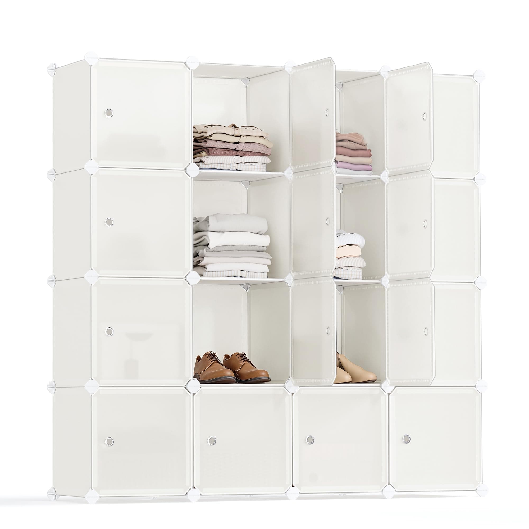 SONGMICS Regalsystem, Schuhregal, Set aus 16 Würfeln, Kleiderschrank aus Kunststoff, mit Türen, Steckregal, Aufbewahrung von Kleidung, Schuhen und Büchern, einfache Montage, cremeweiß LPC443W01