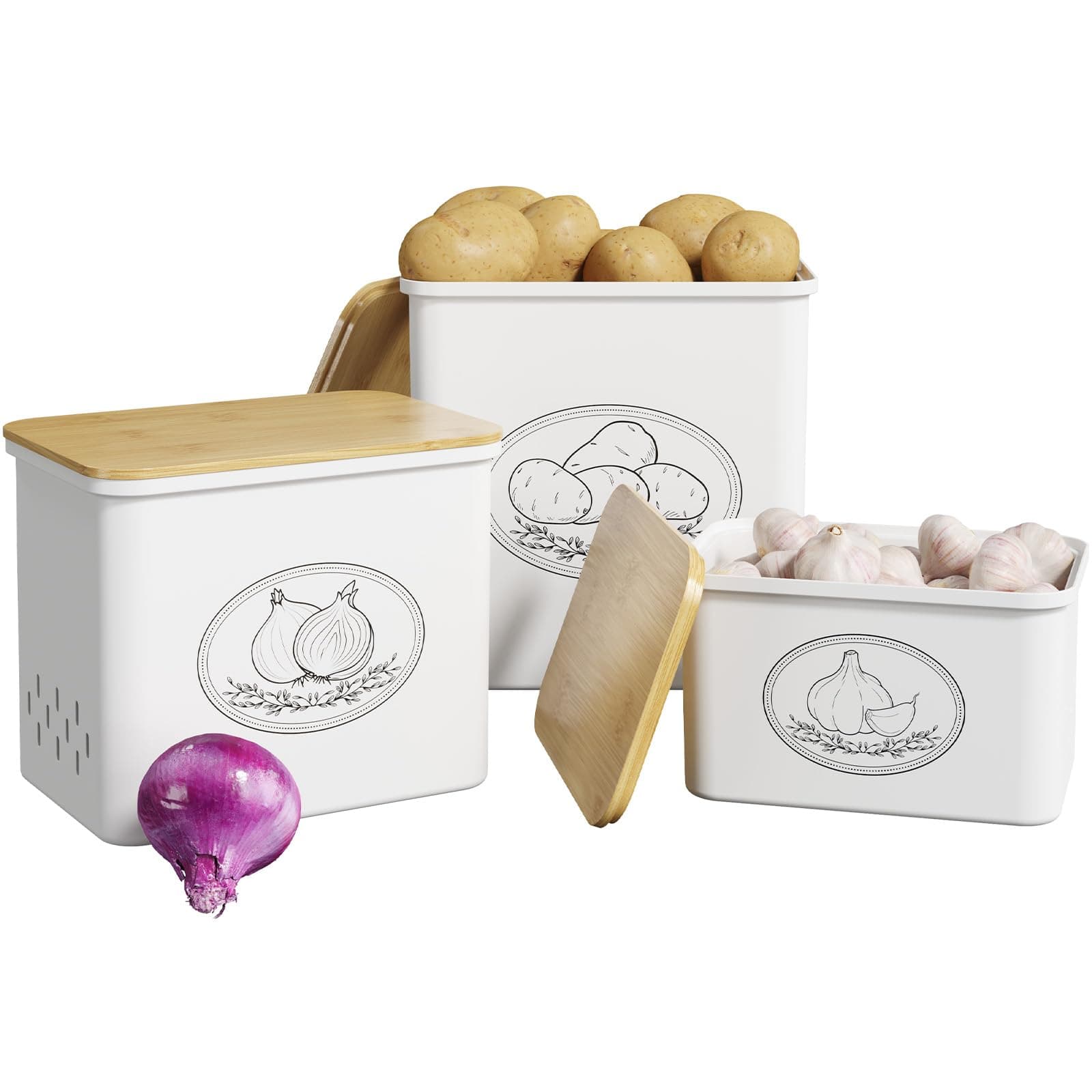 Lifewit Kartoffel Aufbewahrungsbox, 3er Set Große Kunttsoff Vorratsdosen für Kartoffel Zwiebel knoblauch Aufbewahrung, Stapelbare Kartoffelbox Aufbewahren Küche mit Frischebelüftung, 24 cm(H) Weiß