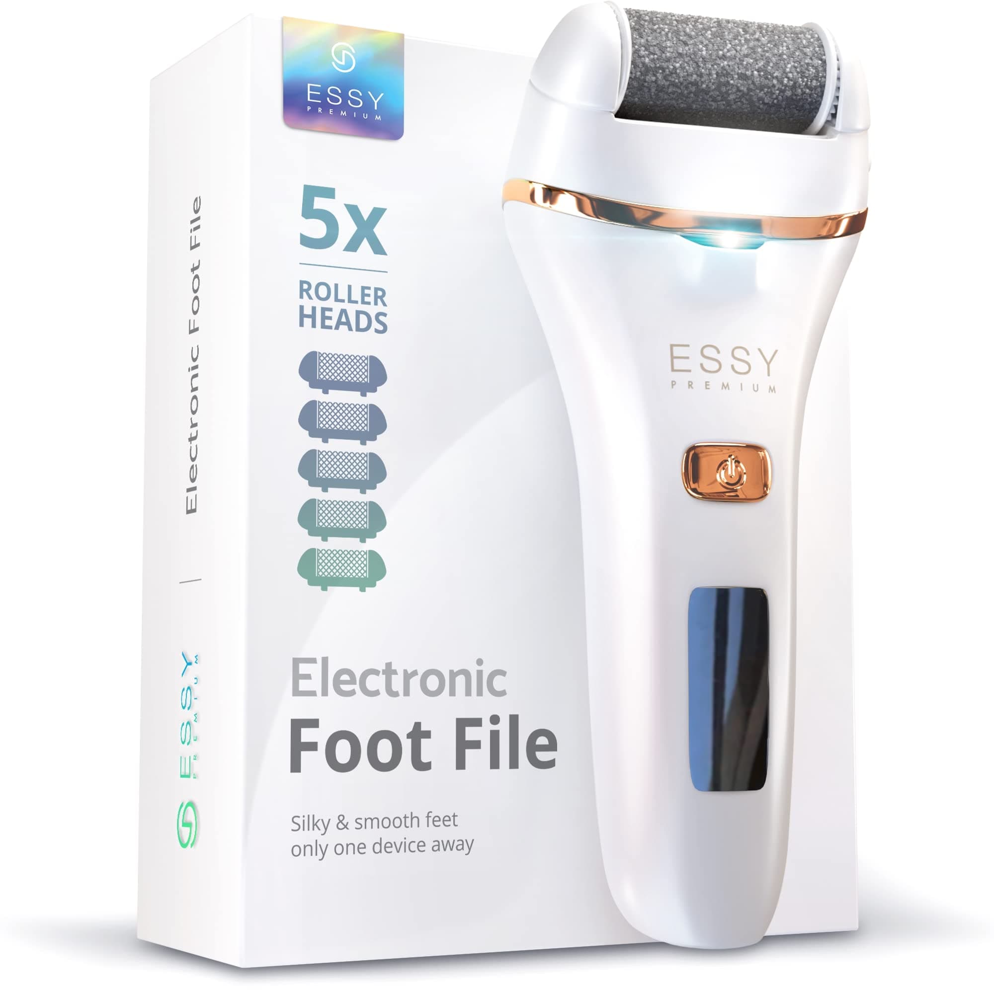 Essy Rapeuse Pieds Électrique avec 5 Rouleaux de Remplacement Ponceuse Pied Pedicure Râpe Pied Rappe Electrique Pieds Pédicure Grattoir Pierre Ponce Lime Professionnel Rechargeable Foot File (Blanc)