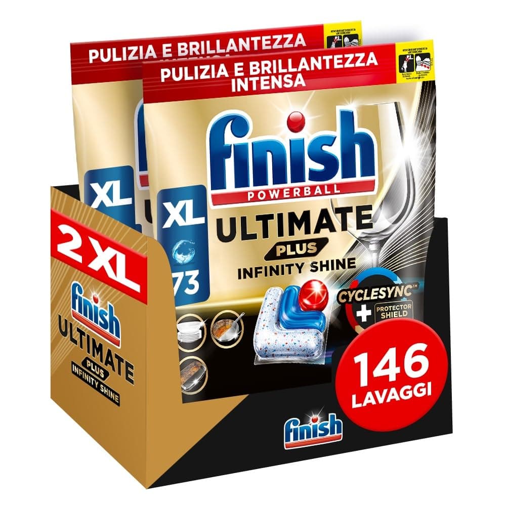 Finish Ultimate PLUS Infinity Shine Pastiglie Lavastoviglie, 146 Capsule Lavastoviglie, Pastiglie per Lavastoviglie contro lo Sporco e i Residui Incrostati